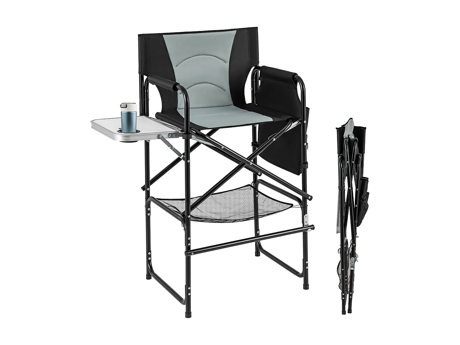 Campingstoel opvouwbaar,hoge klapstoel met zijtafel,afneembare voetensteun,bekerhouder,zijzak en netvak,vouwstoel,visstoel voor camping,draagvermogen 150 kgZB34268