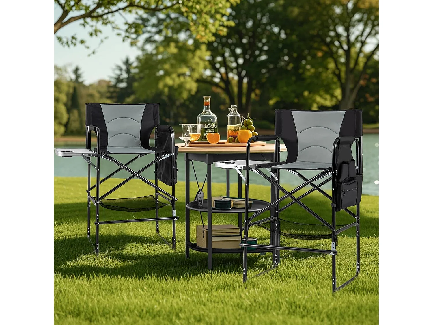 Campingstoel opvouwbaar,hoge klapstoel met zijtafel,afneembare voetensteun,bekerhouder,zijzak en netvak,vouwstoel,visstoel voor camping,draagvermogen 150 kgZB34268