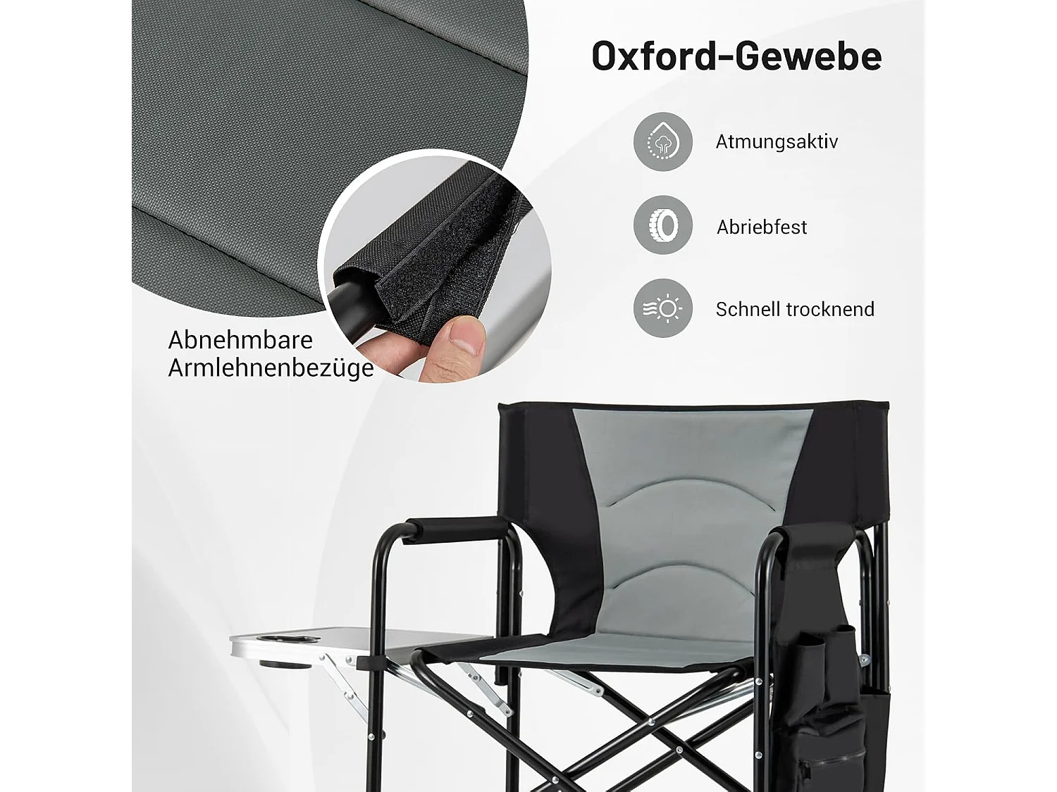 Campingstoel opvouwbaar,hoge klapstoel met zijtafel,afneembare voetensteun,bekerhouder,zijzak en netvak,vouwstoel,visstoel voor camping,draagvermogen 150 kgZB34268