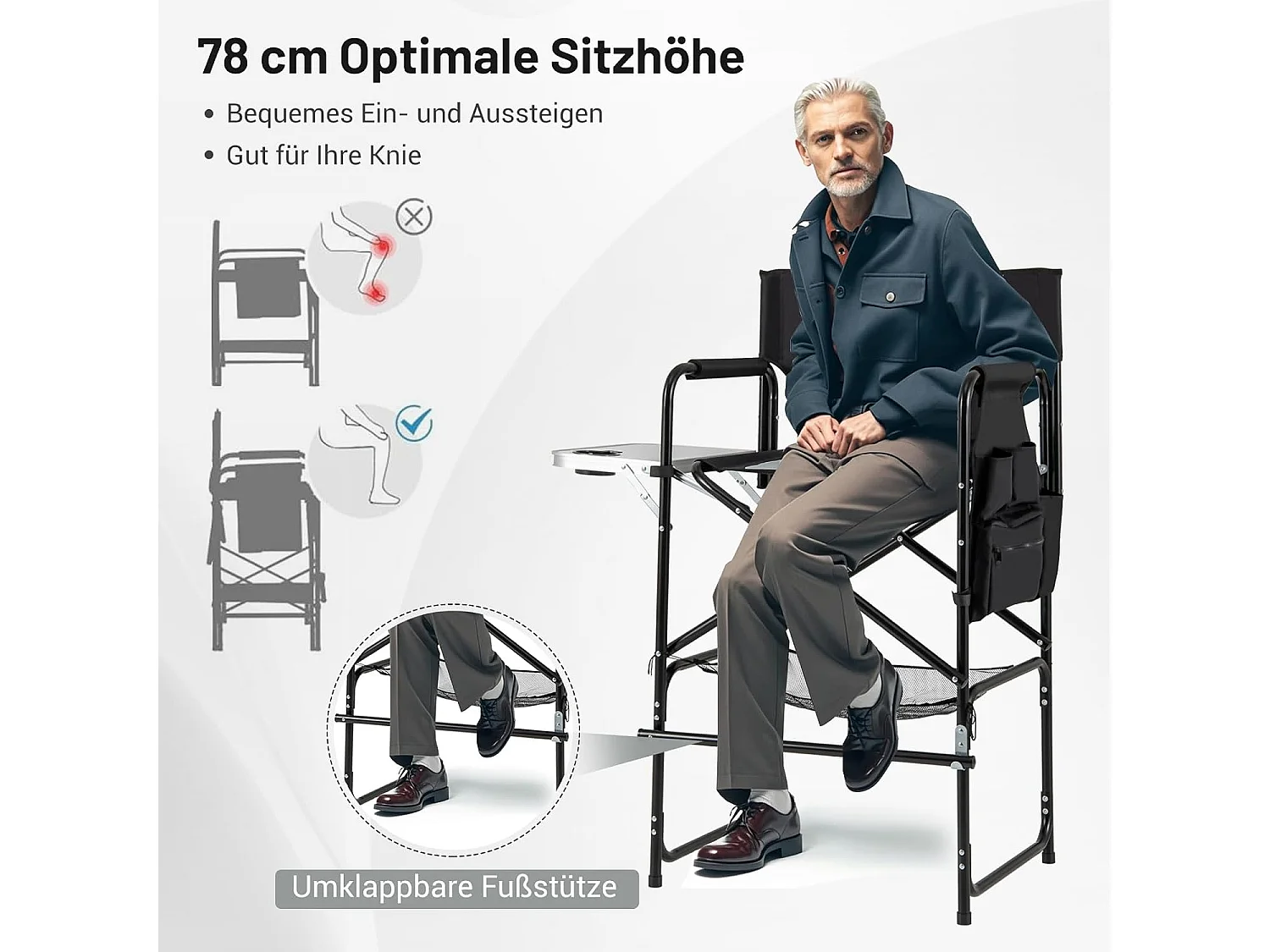 Campingstoel opvouwbaar,hoge klapstoel met zijtafel,afneembare voetensteun,bekerhouder,zijzak en netvak,vouwstoel,visstoel voor camping,draagvermogen 150 kgZB34268