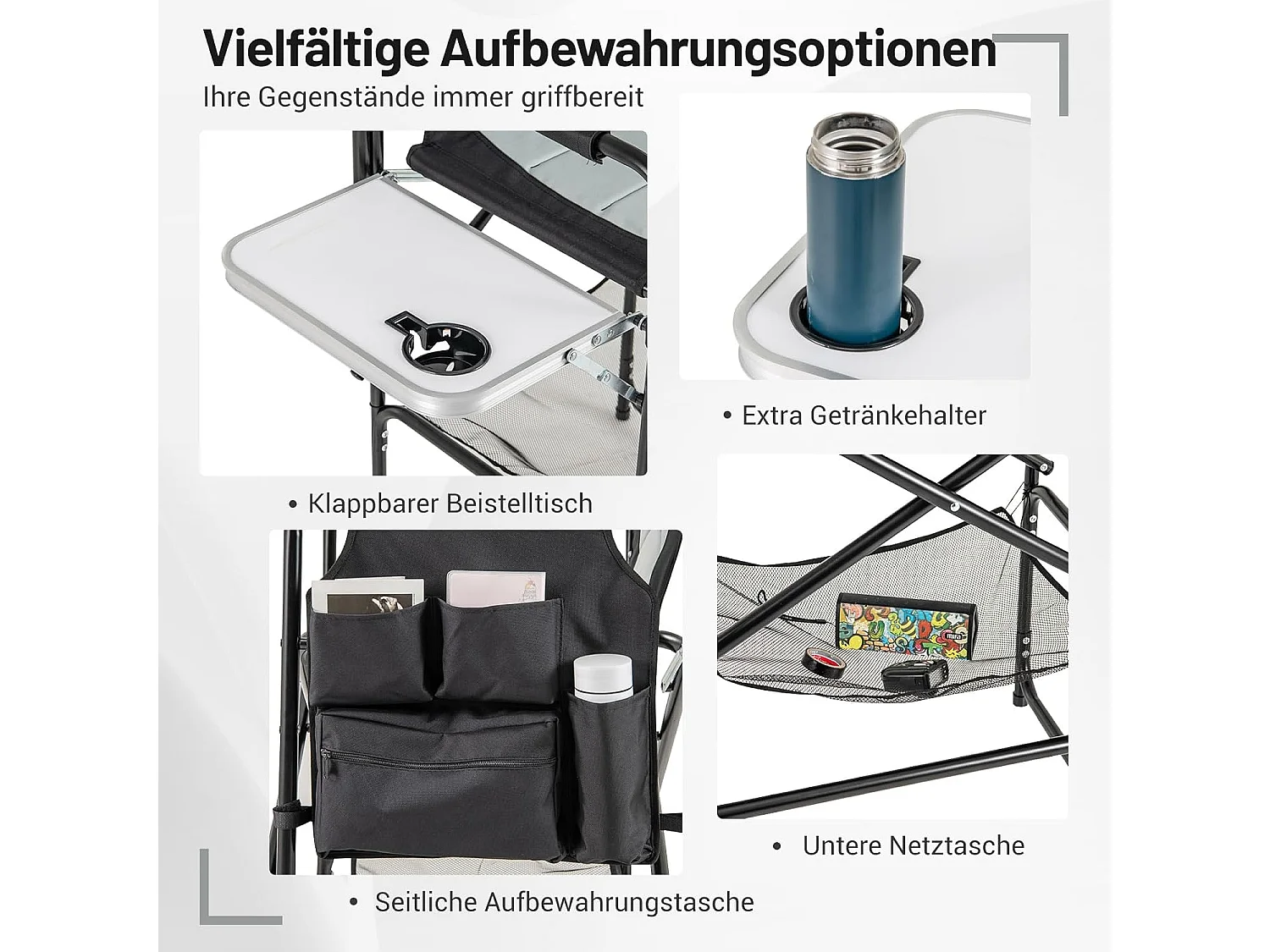 Campingstoel opvouwbaar,hoge klapstoel met zijtafel,afneembare voetensteun,bekerhouder,zijzak en netvak,vouwstoel,visstoel voor camping,draagvermogen 150 kgZB34268