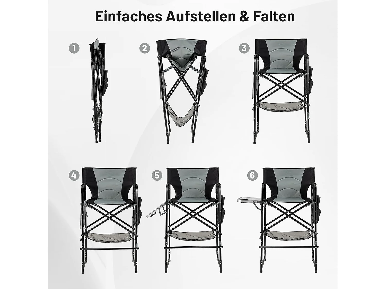 Campingstoel opvouwbaar,hoge klapstoel met zijtafel,afneembare voetensteun,bekerhouder,zijzak en netvak,vouwstoel,visstoel voor camping,draagvermogen 150 kgZB34268