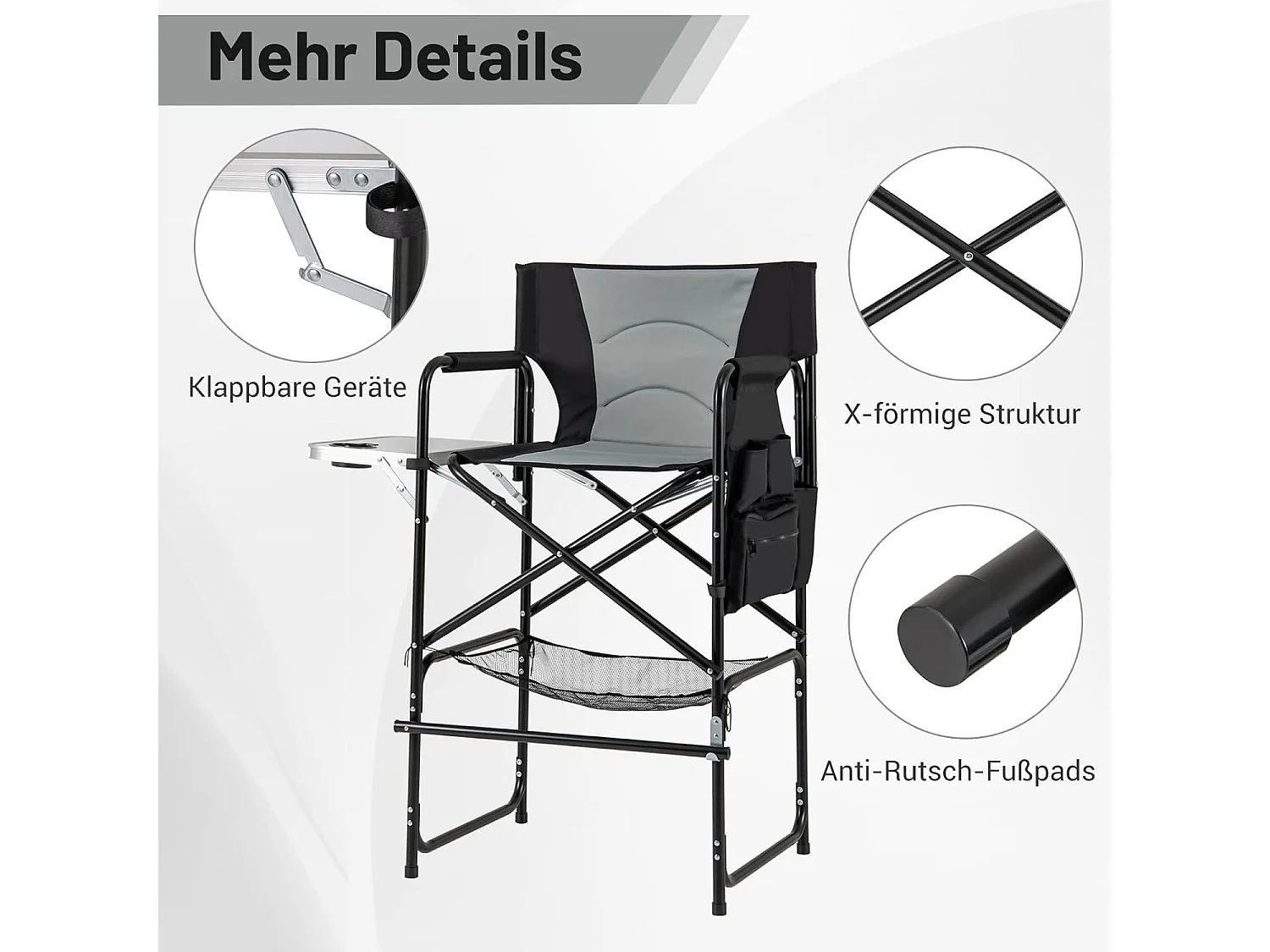 Campingstoel opvouwbaar,hoge klapstoel met zijtafel,afneembare voetensteun,bekerhouder,zijzak en netvak,vouwstoel,visstoel voor camping,draagvermogen 150 kgZB34268