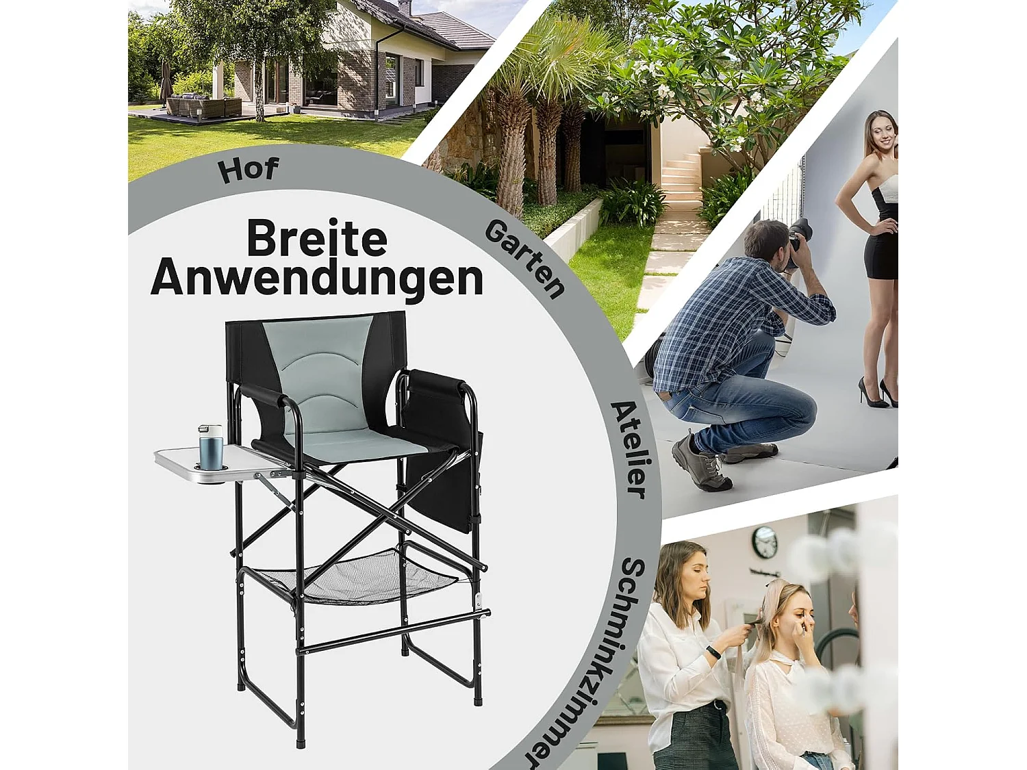 Campingstoel opvouwbaar,hoge klapstoel met zijtafel,afneembare voetensteun,bekerhouder,zijzak en netvak,vouwstoel,visstoel voor camping,draagvermogen 150 kgZB34268