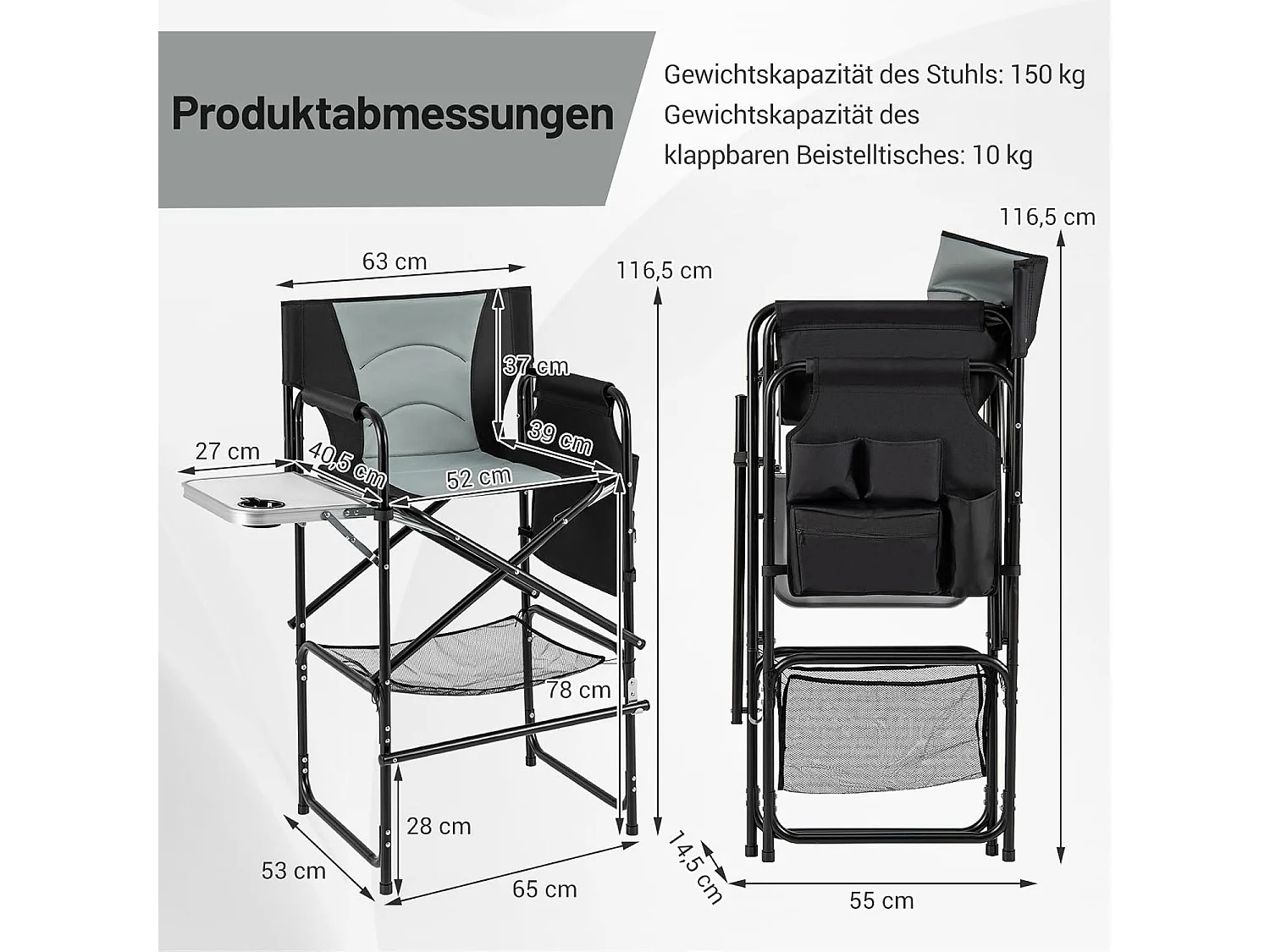 Campingstoel opvouwbaar,hoge klapstoel met zijtafel,afneembare voetensteun,bekerhouder,zijzak en netvak,vouwstoel,visstoel voor camping,draagvermogen 150 kgZB34268