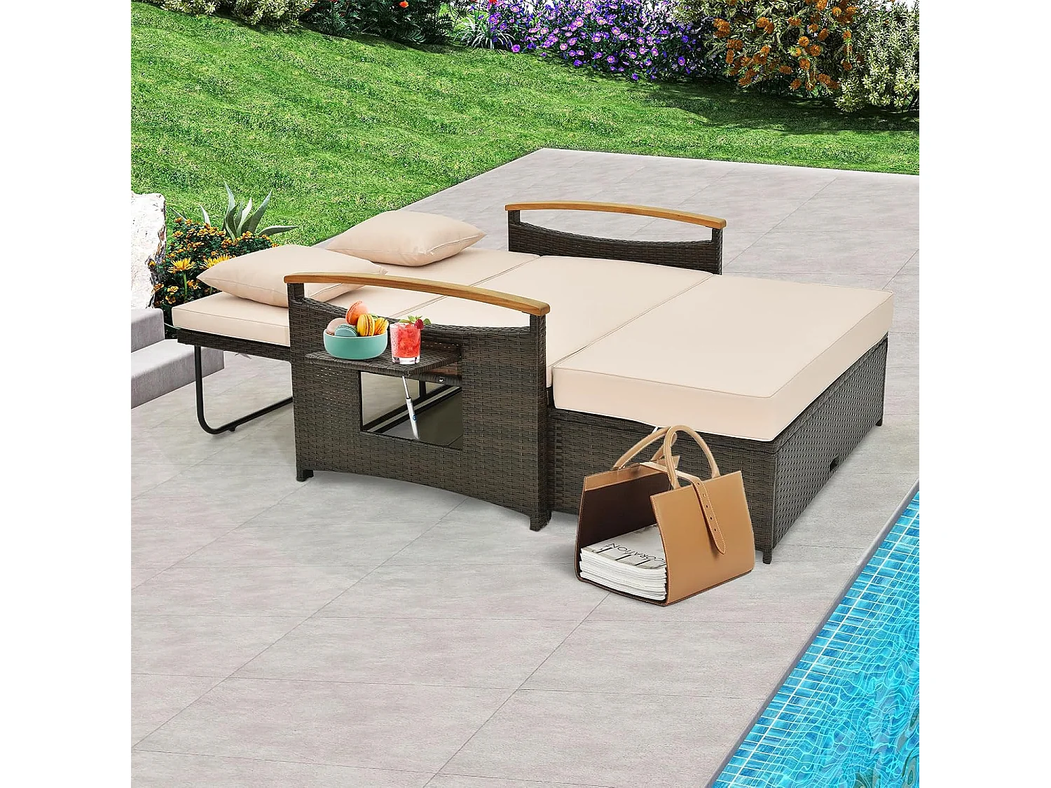 3-in-1 tuinbed met bijzettafel, 4-traps verstelbare rugleuning, slaapfunctie en zijplanken, tuinmeubelen voor zwembad, terrassenTI93849