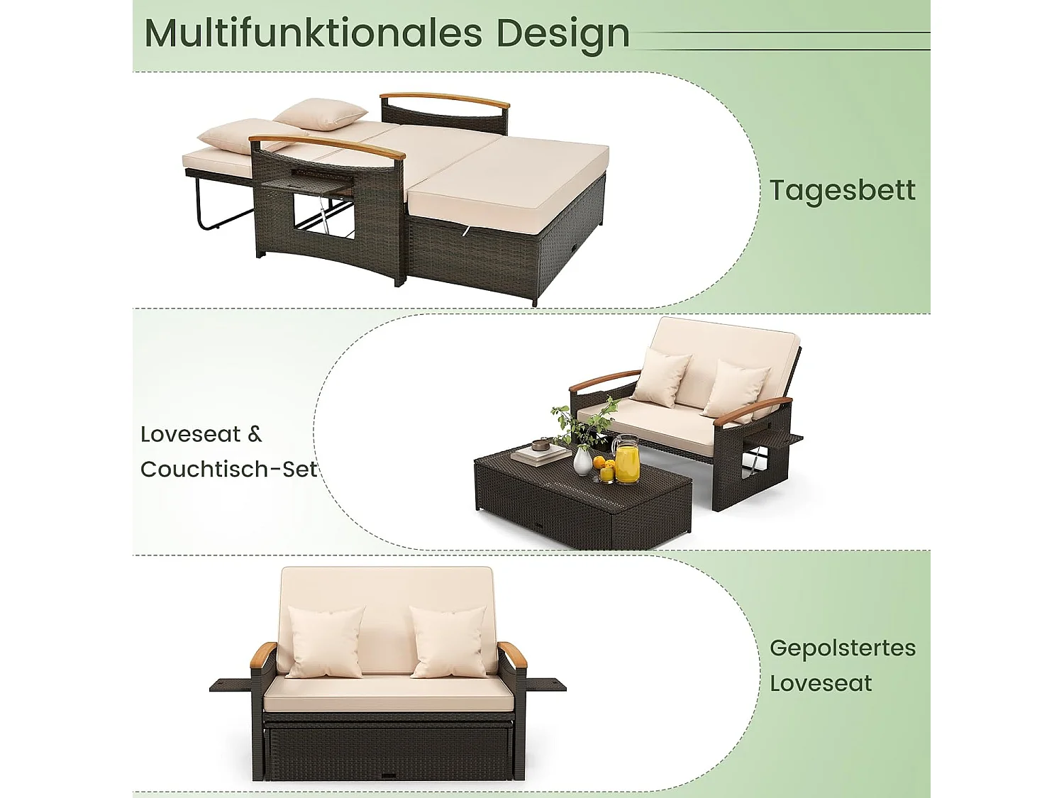 3-in-1 tuinbed met bijzettafel, 4-traps verstelbare rugleuning, slaapfunctie en zijplanken, tuinmeubelen voor zwembad, terrassenTI93849