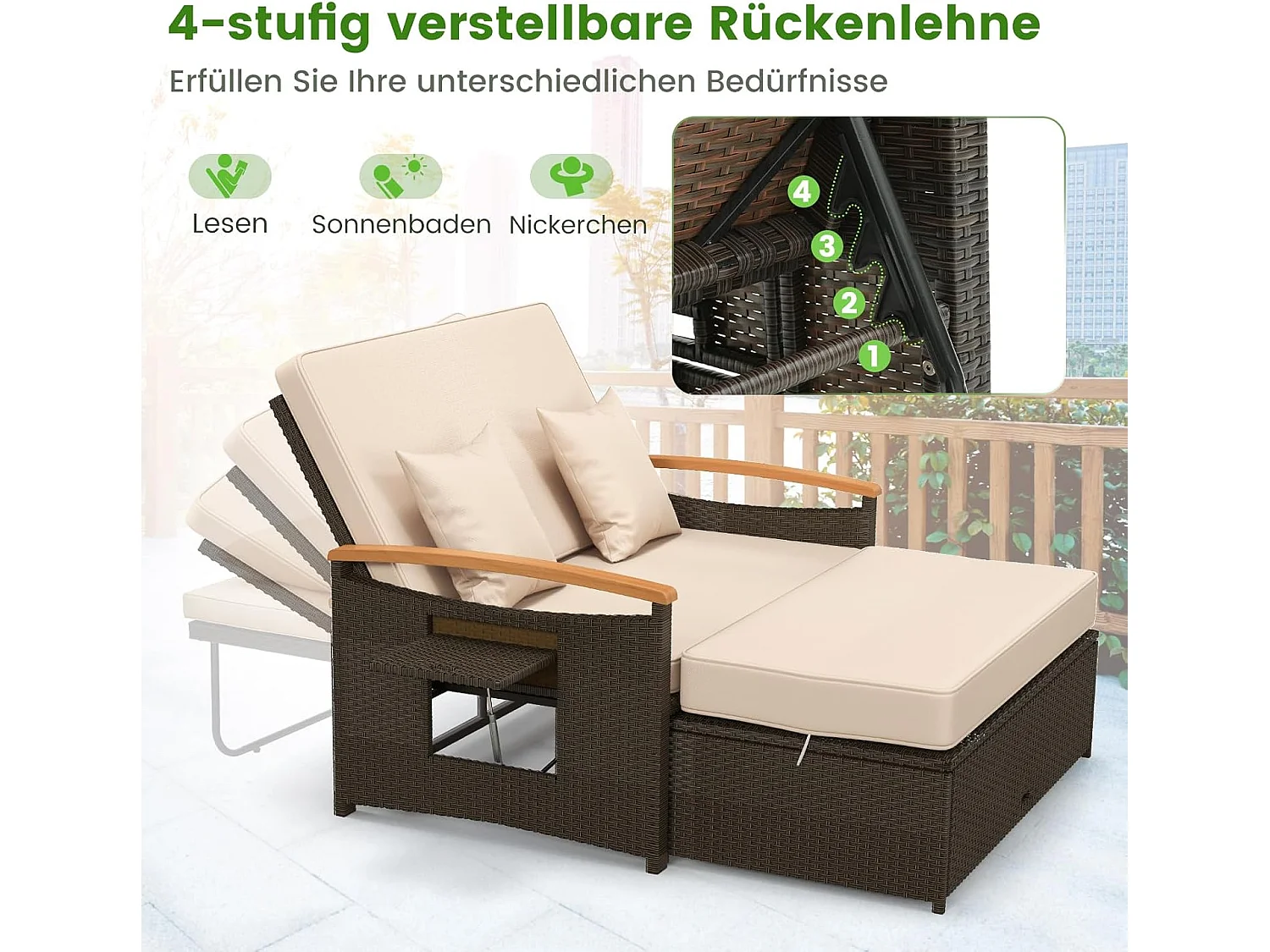 3-in-1 tuinbed met bijzettafel, 4-traps verstelbare rugleuning, slaapfunctie en zijplanken, tuinmeubelen voor zwembad, terrassenTI93849