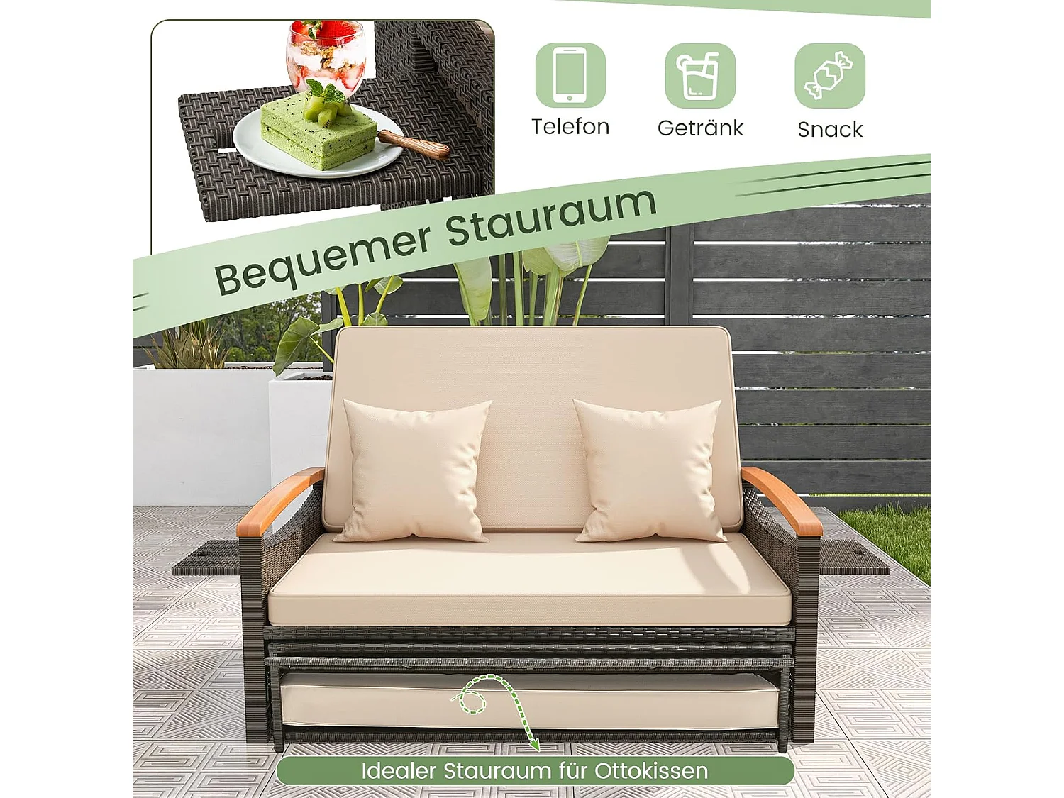 3-in-1 tuinbed met bijzettafel, 4-traps verstelbare rugleuning, slaapfunctie en zijplanken, tuinmeubelen voor zwembad, terrassenTI93849