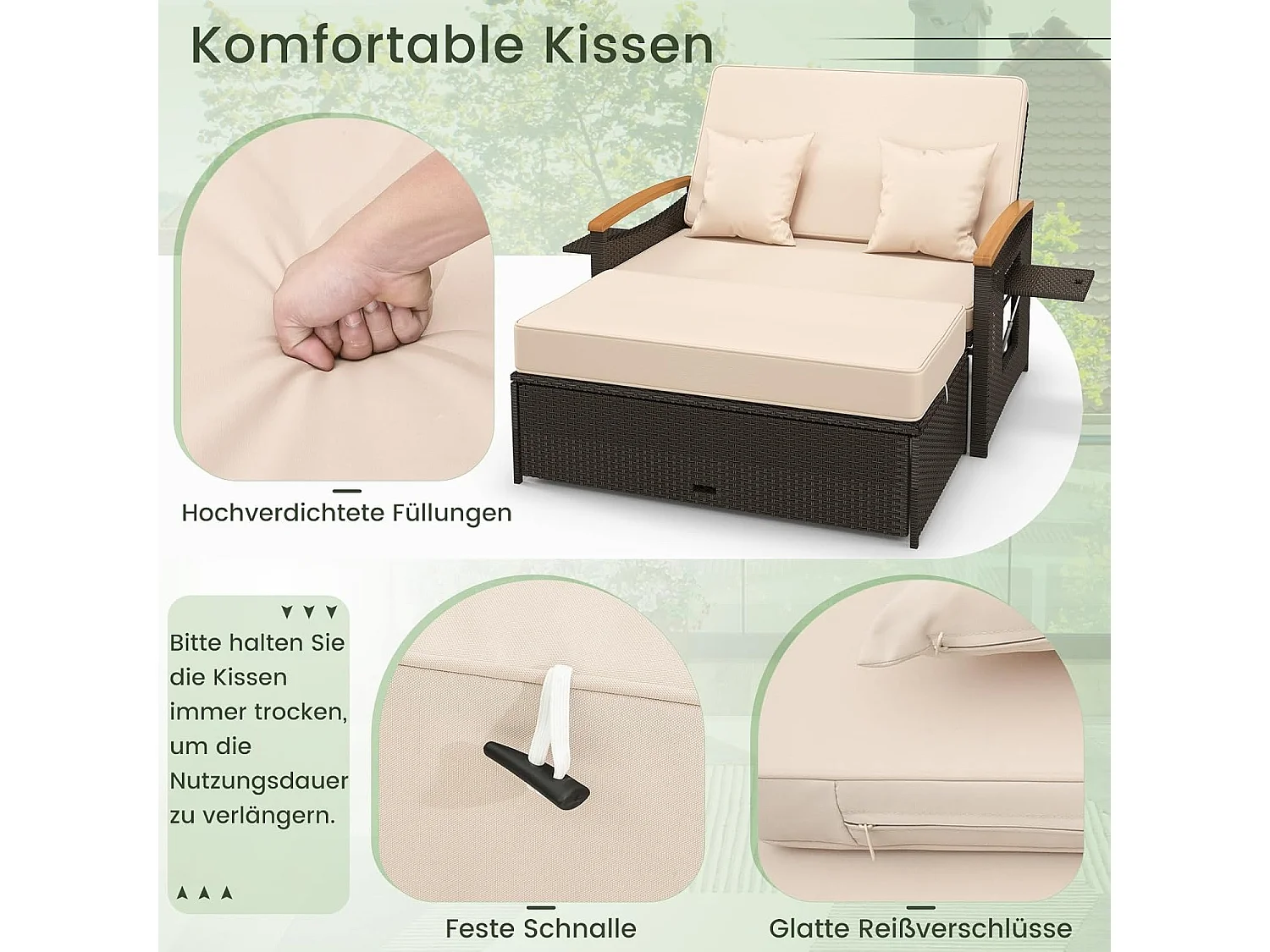3-in-1 tuinbed met bijzettafel, 4-traps verstelbare rugleuning, slaapfunctie en zijplanken, tuinmeubelen voor zwembad, terrassenTI93849