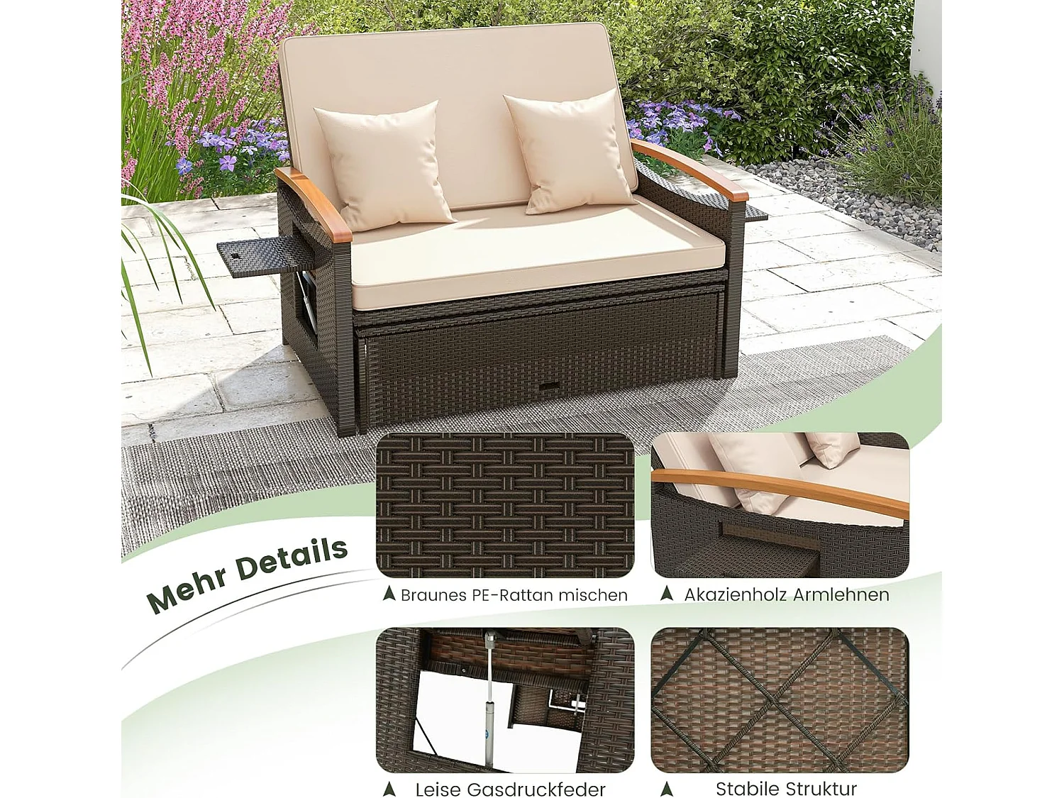 3-in-1 tuinbed met bijzettafel, 4-traps verstelbare rugleuning, slaapfunctie en zijplanken, tuinmeubelen voor zwembad, terrassenTI93849