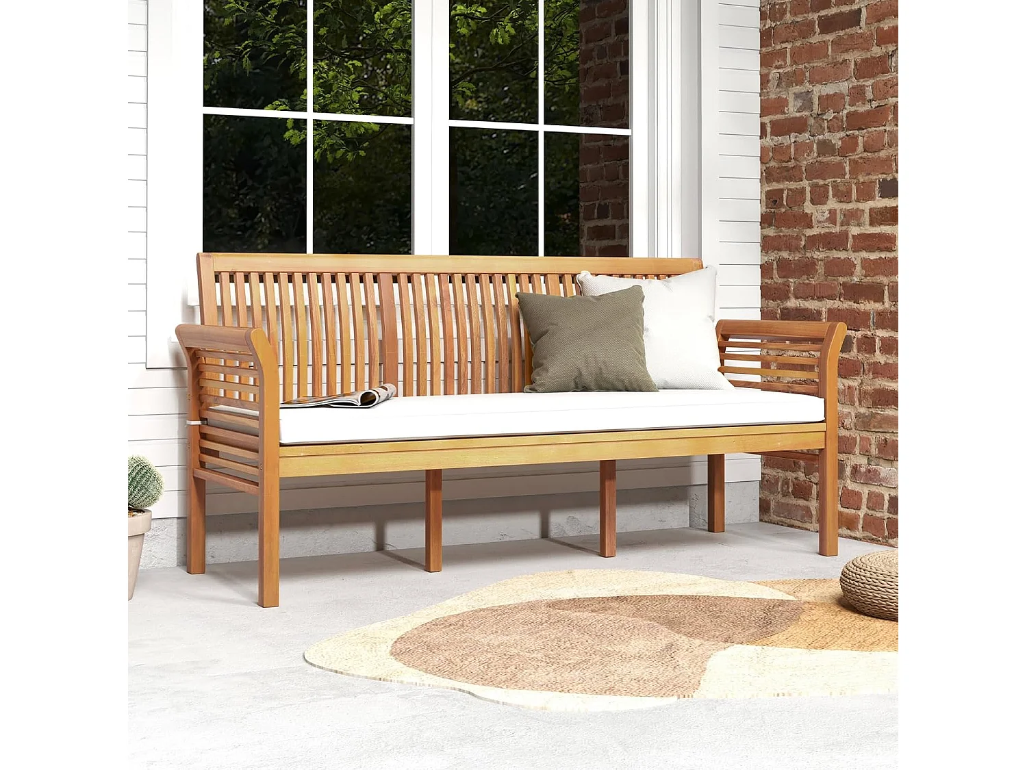 Tuinbank van acaciahout, houten bank met zitkussen voor 3-zits,tuinbank, balkonbank, belastbaar tot 540 kg, parkeerbank voor terras, balkon,159 x 59 x 77 cmTI94555