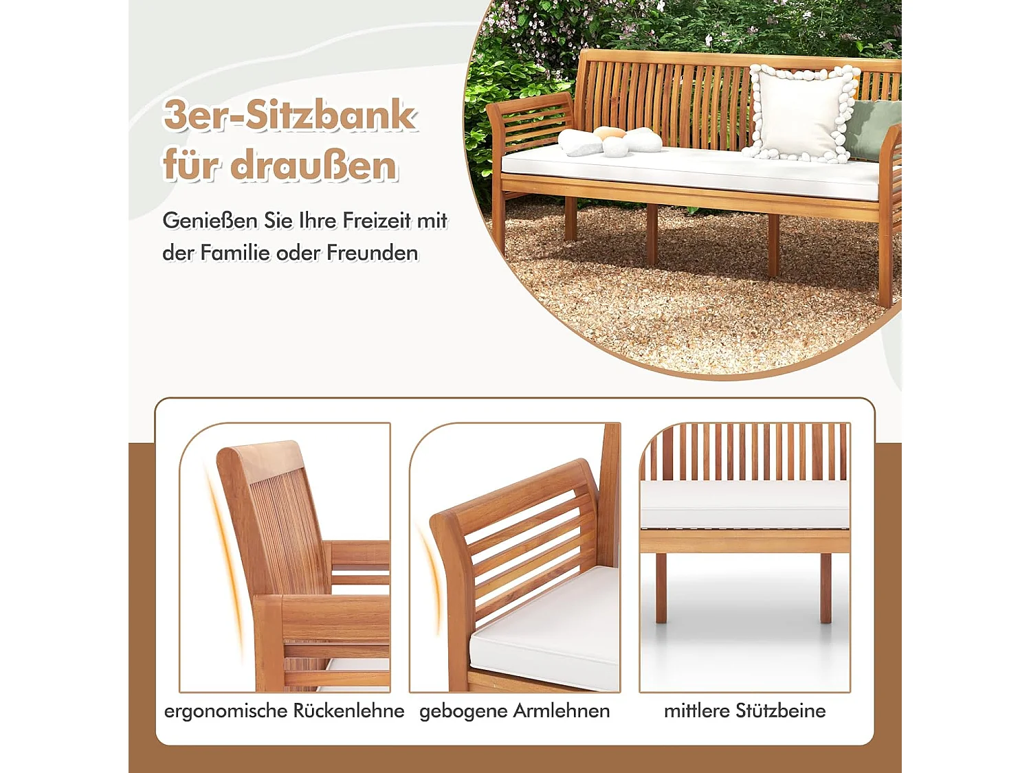 Tuinbank van acaciahout, houten bank met zitkussen voor 3-zits,tuinbank, balkonbank, belastbaar tot 540 kg, parkeerbank voor terras, balkon,159 x 59 x 77 cmTI94555