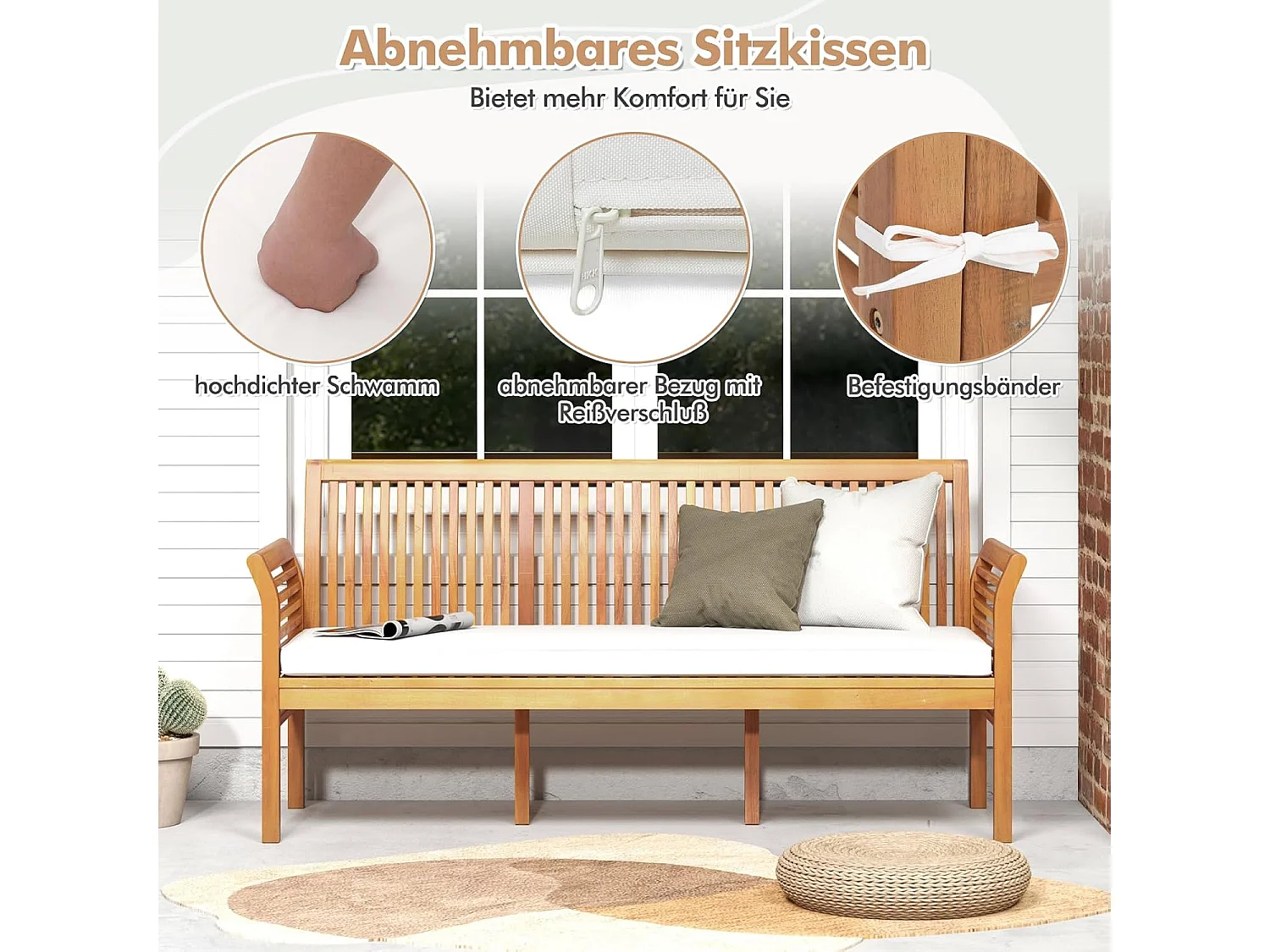 Tuinbank van acaciahout, houten bank met zitkussen voor 3-zits,tuinbank, balkonbank, belastbaar tot 540 kg, parkeerbank voor terras, balkon,159 x 59 x 77 cmTI94555