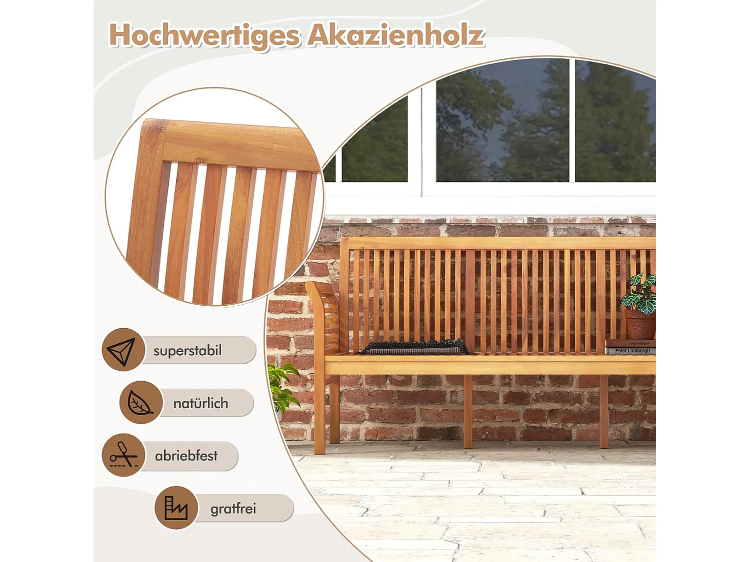 Tuinbank van acaciahout, houten bank met zitkussen voor 3-zits,tuinbank, balkonbank, belastbaar tot 540 kg, parkeerbank voor terras, balkon,159 x 59 x 77 cmTI94555