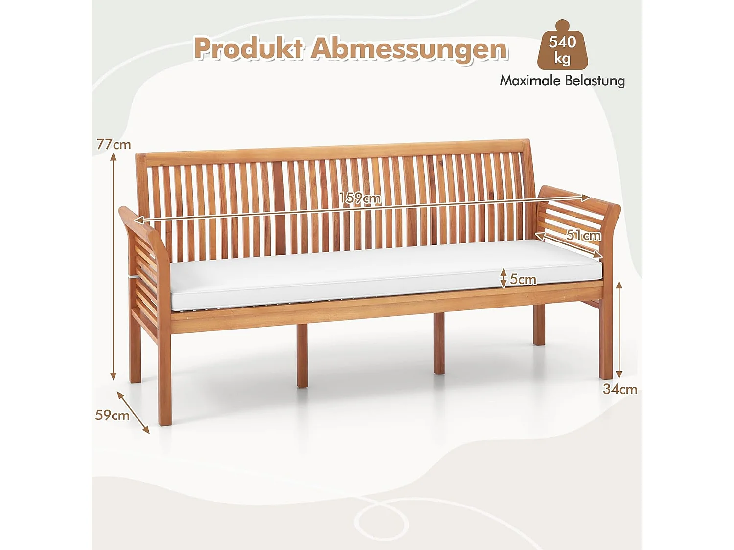 Tuinbank van acaciahout, houten bank met zitkussen voor 3-zits,tuinbank, balkonbank, belastbaar tot 540 kg, parkeerbank voor terras, balkon,159 x 59 x 77 cmTI94555