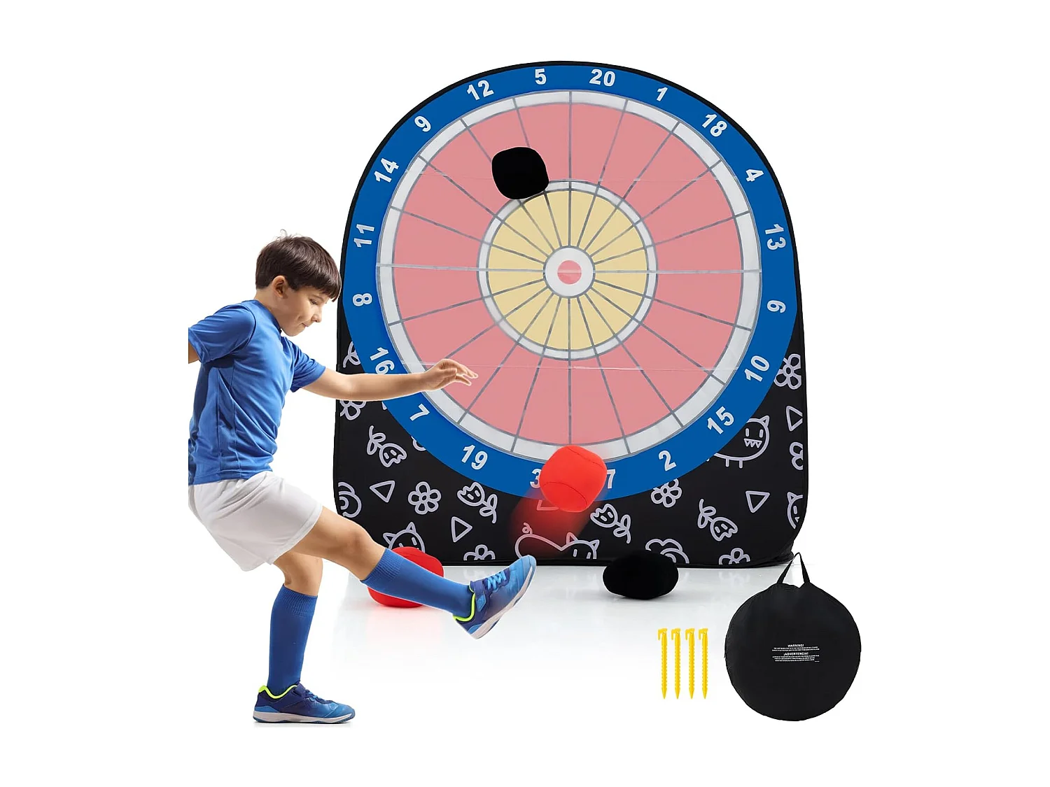 Groot dartbord voor kinderen, dartwerpspel set met 4 kickballen en draagtas, familiespel voor volwassenen en kinderen vanaf 6 jaar, donker + rood + blauwZB33687