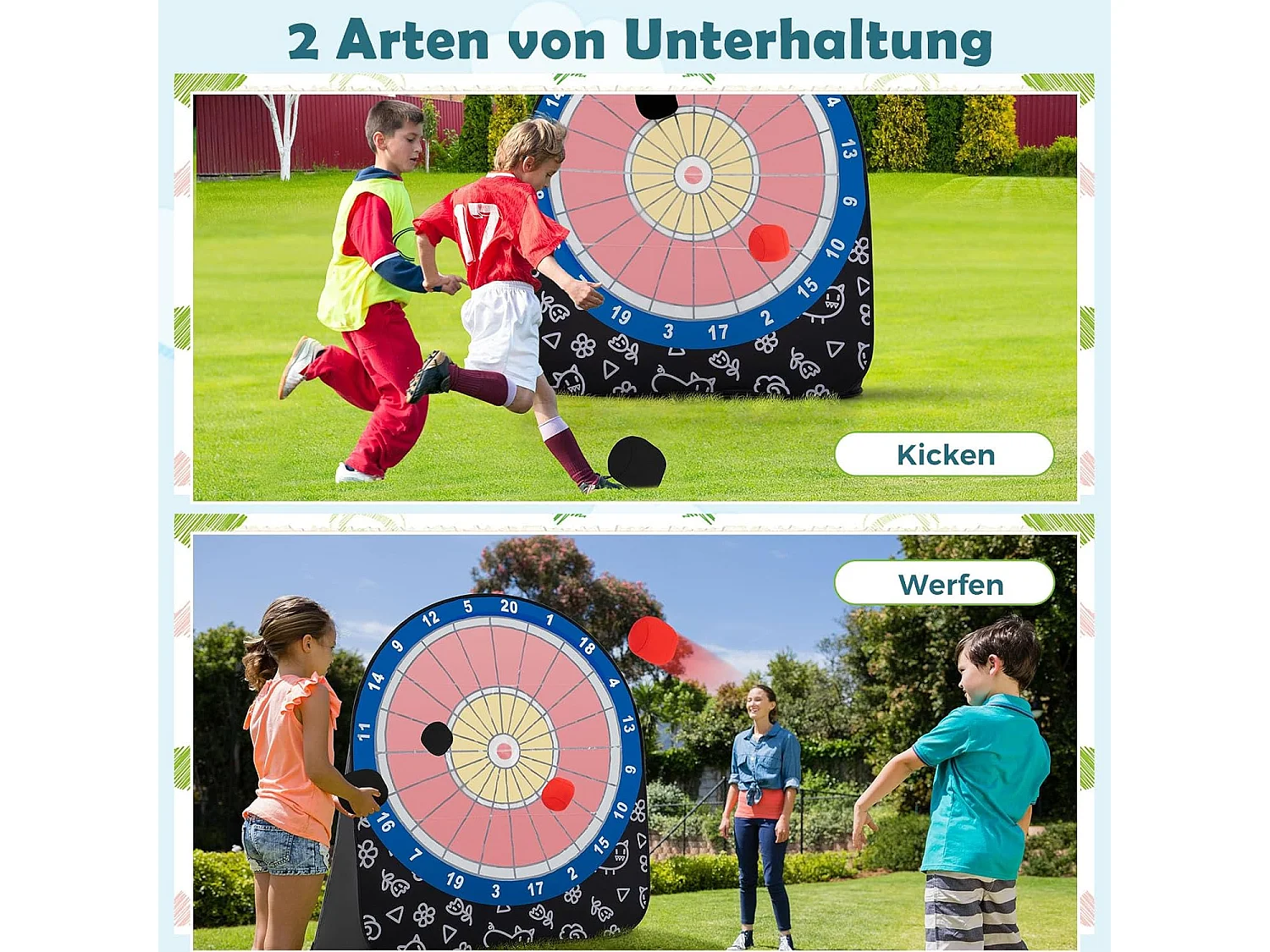 Groot dartbord voor kinderen, dartwerpspel set met 4 kickballen en draagtas, familiespel voor volwassenen en kinderen vanaf 6 jaar, donker + rood + blauwZB33687