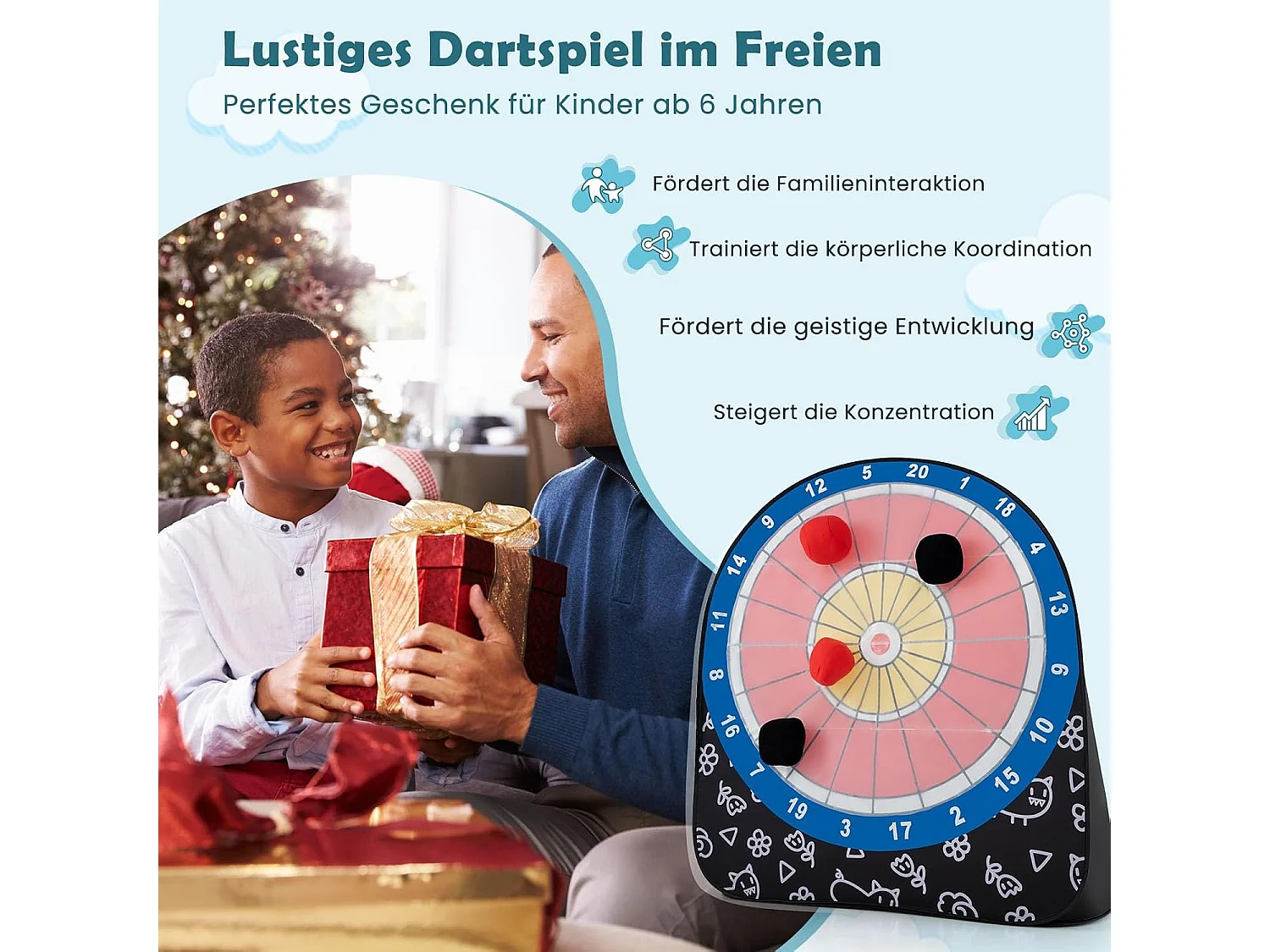 Groot dartbord voor kinderen, dartwerpspel set met 4 kickballen en draagtas, familiespel voor volwassenen en kinderen vanaf 6 jaar, donker + rood + blauwZB33687
