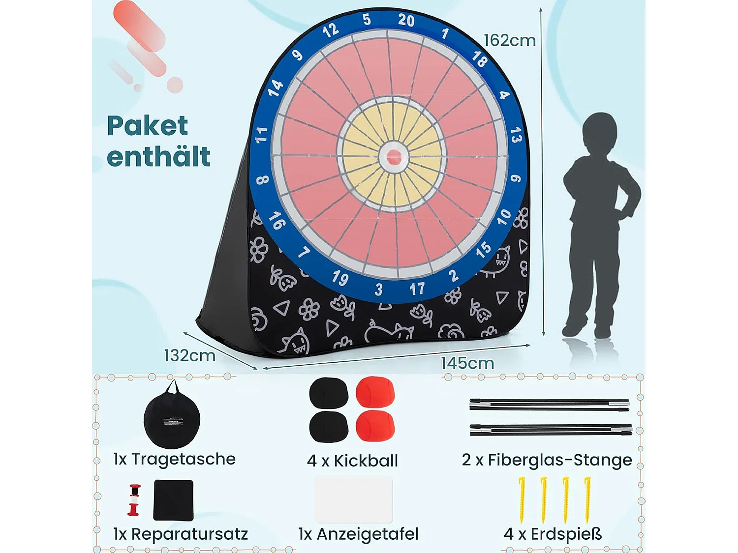 Groot dartbord voor kinderen, dartwerpspel set met 4 kickballen en draagtas, familiespel voor volwassenen en kinderen vanaf 6 jaar, donker + rood + blauwZB33687