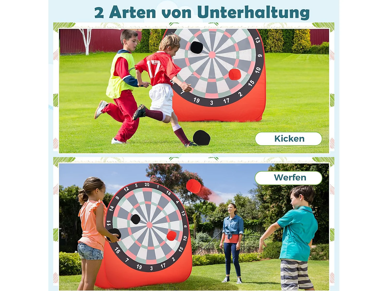 Groot dartbord voor kinderen, dartwerpspel set met 4 kickballen en draagtas,familiespel voor volwassenen en kinderen vanaf 6 jaar, rood + zwart + witZB33687