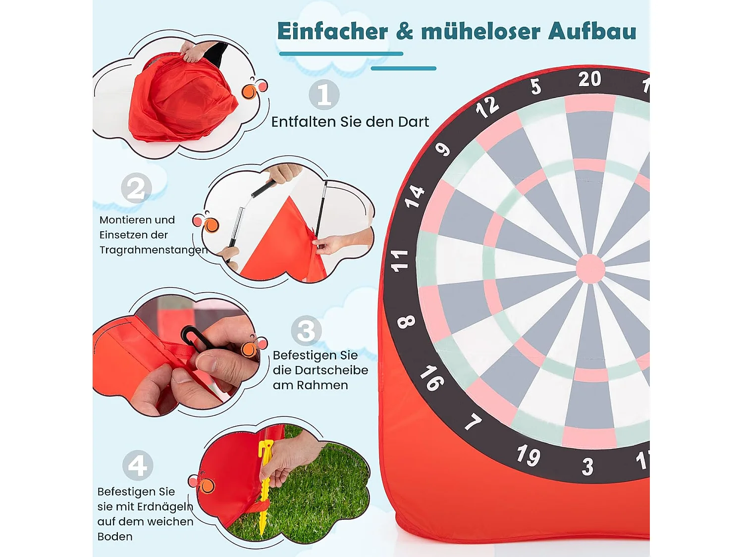 Groot dartbord voor kinderen, dartwerpspel set met 4 kickballen en draagtas,familiespel voor volwassenen en kinderen vanaf 6 jaar, rood + zwart + witZB33687