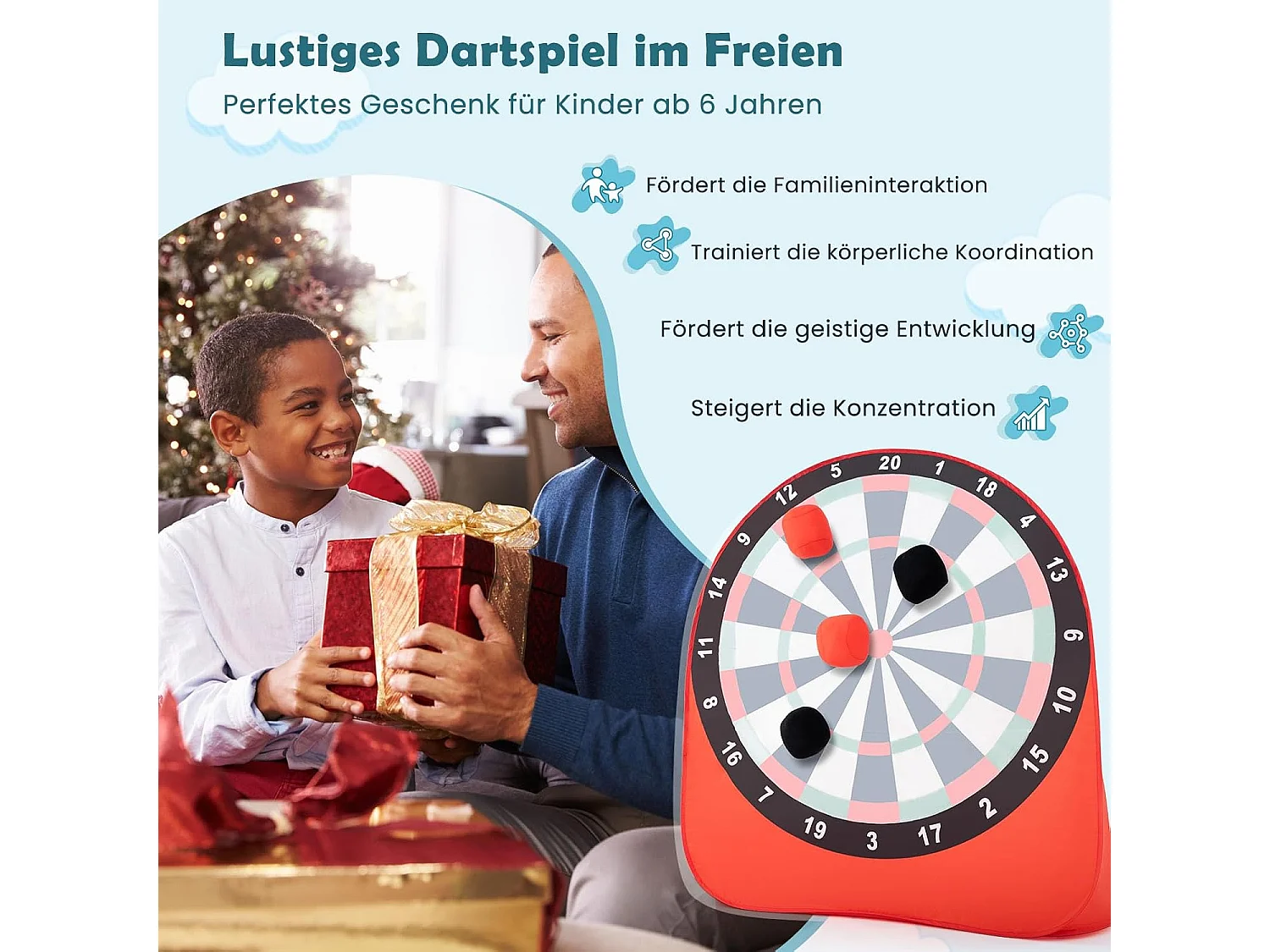 Groot dartbord voor kinderen, dartwerpspel set met 4 kickballen en draagtas,familiespel voor volwassenen en kinderen vanaf 6 jaar, rood + zwart + witZB33687