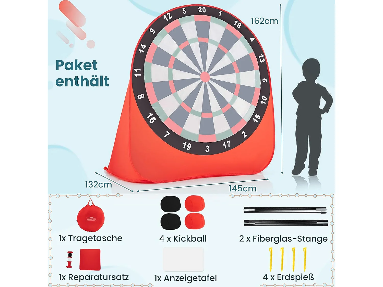 Groot dartbord voor kinderen, dartwerpspel set met 4 kickballen en draagtas,familiespel voor volwassenen en kinderen vanaf 6 jaar, rood + zwart + witZB33687