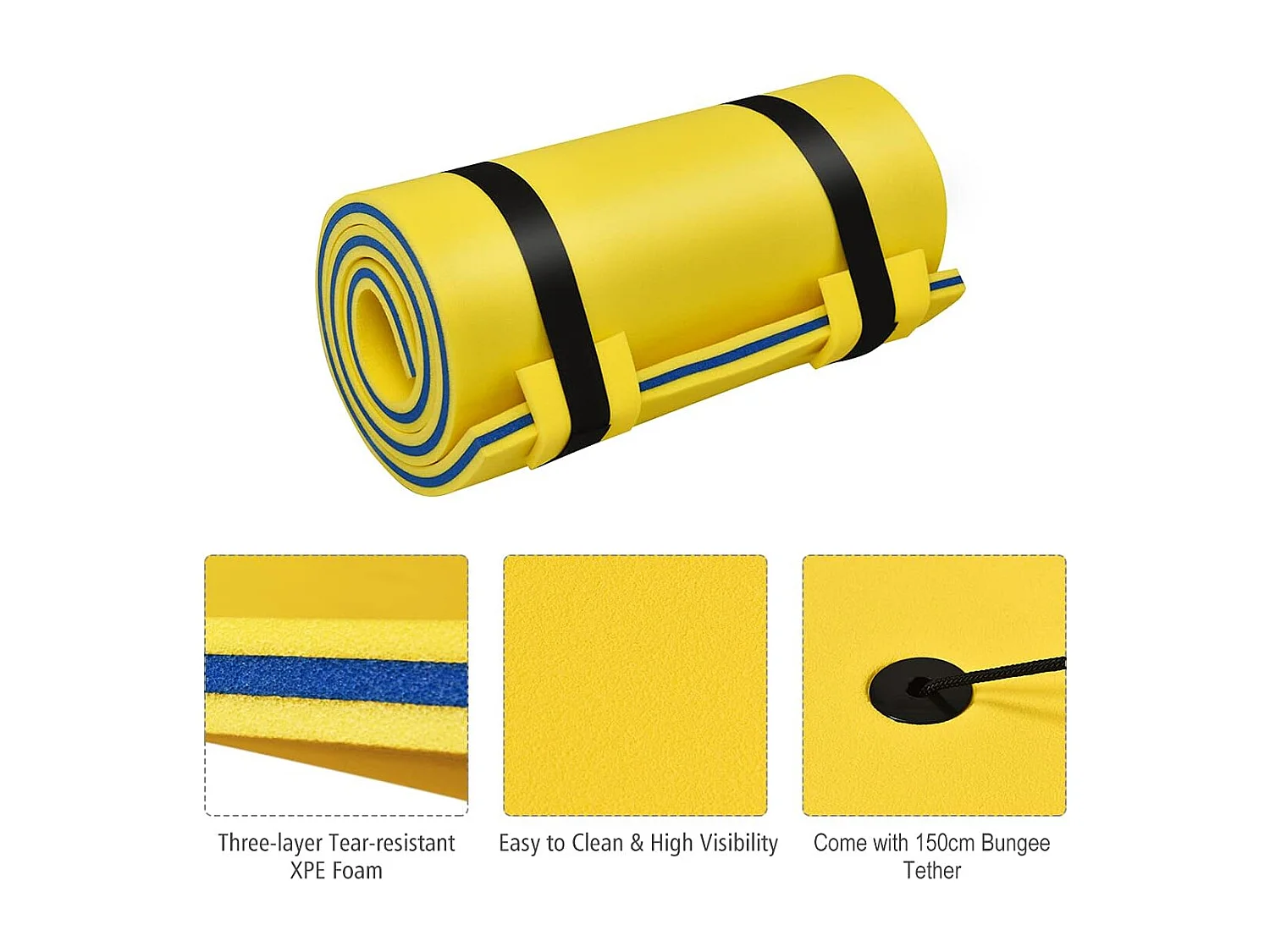 210 x 66cm Drijvende water mat,persoonlijke drijvende oase schuim mat,springerig scheurbestendig 3-laags XPE schuim,oprolbare zwembad drijvende mat(Geel)ZB34456