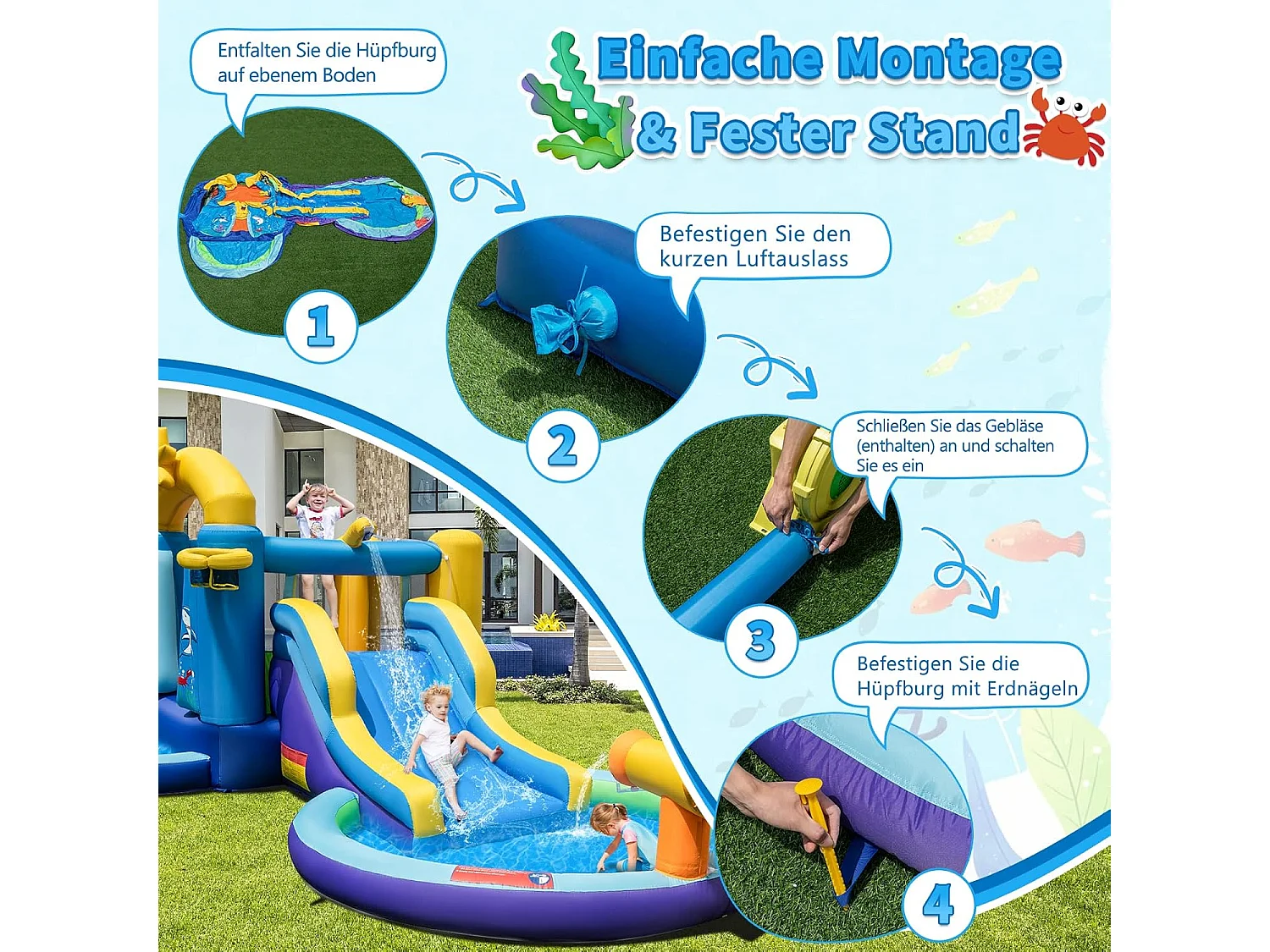 Springkasteel met blazer en glijbaan, waterpark met 2 zwembaden, waterkanon, basketbalmand, kinderspringkasteel voor binnenplaats, park, 490 x 290 x 220 cmZB33238