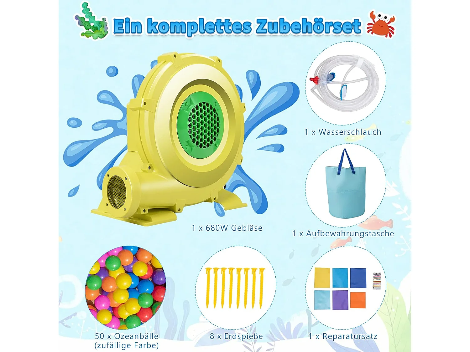 Springkasteel met blazer en glijbaan, waterpark met 2 zwembaden, waterkanon, basketbalmand, kinderspringkasteel voor binnenplaats, park, 490 x 290 x 220 cmZB33238