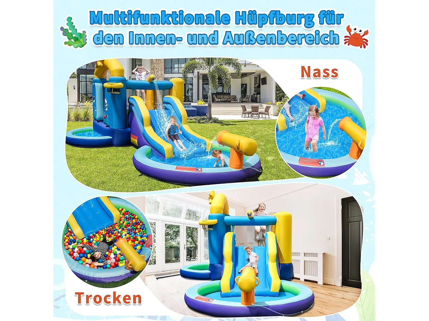 Springkasteel met blazer en glijbaan, waterpark met 2 zwembaden, waterkanon, basketbalmand, kinderspringkasteel voor binnenplaats, park, 490 x 290 x 220 cmZB33238