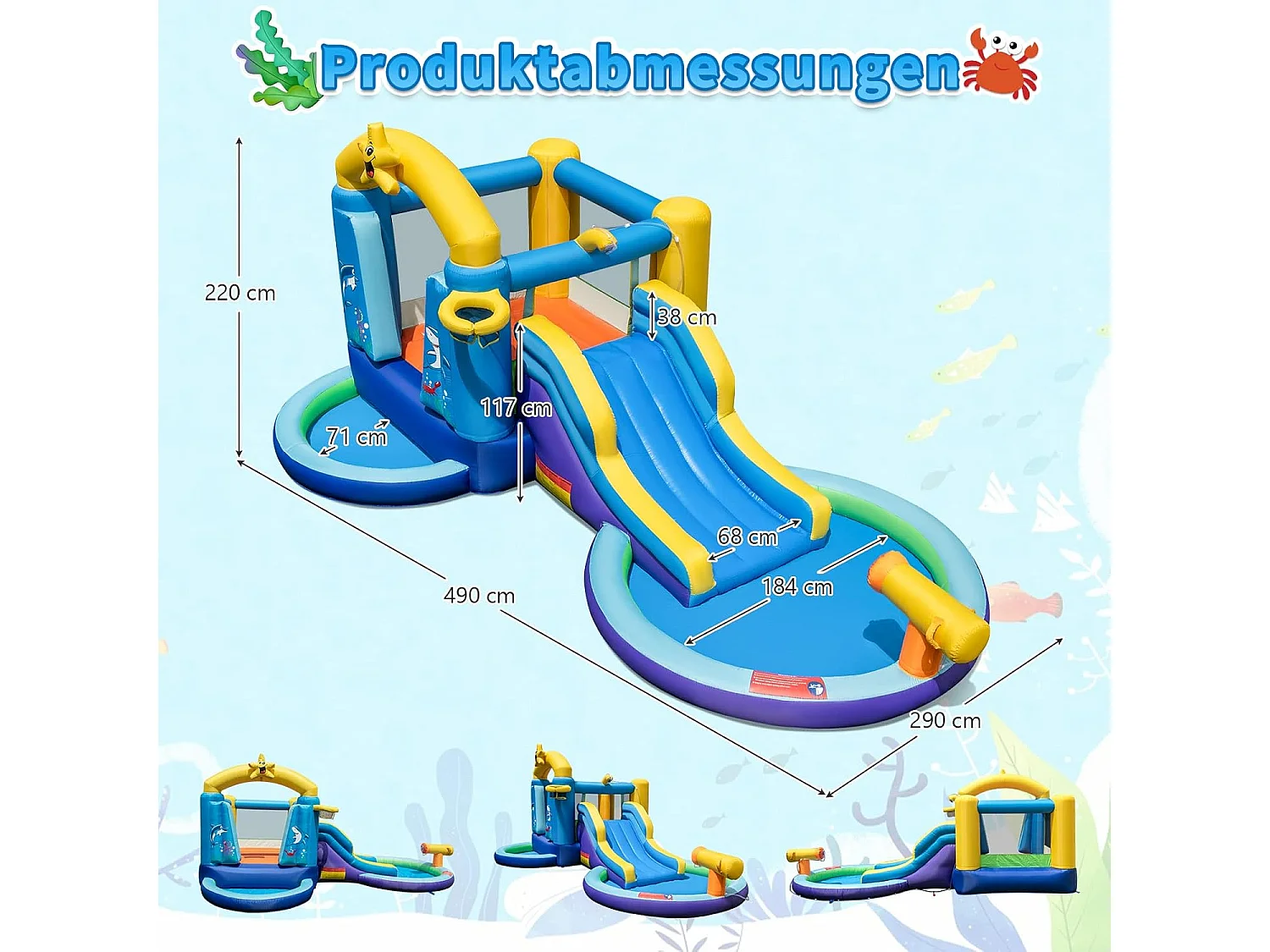 Springkasteel met blazer en glijbaan, waterpark met 2 zwembaden, waterkanon, basketbalmand, kinderspringkasteel voor binnenplaats, park, 490 x 290 x 220 cmZB33238