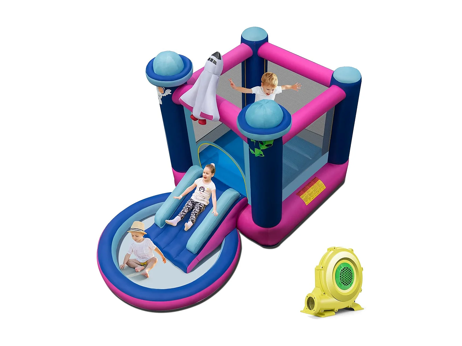 Springkasteel met kinderbadje, springslot met glijbaan, outdoor bouncer incl. draagtas en grondpalen, 393 x 207 x 270 cm