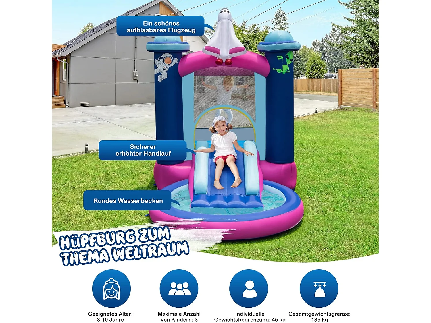 Springkasteel met kinderbadje, springslot met glijbaan, outdoor bouncer incl. draagtas en grondpalen, 393 x 207 x 270 cm