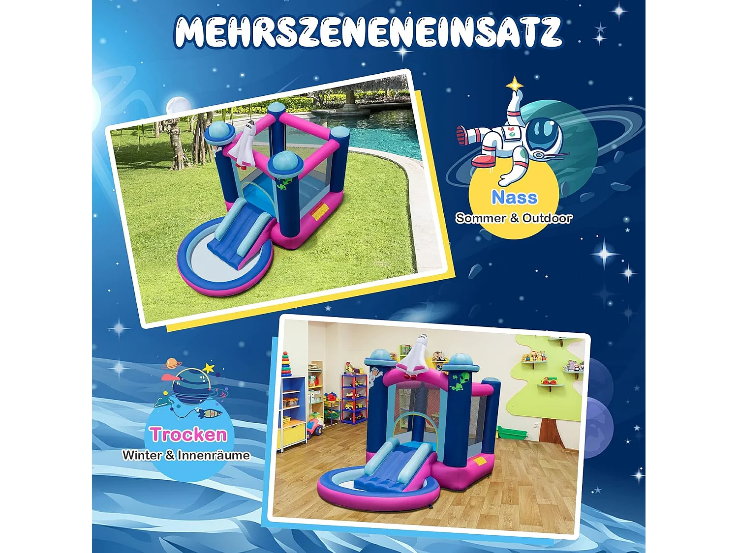 Springkasteel met kinderbadje, springslot met glijbaan, outdoor bouncer incl. draagtas en grondpalen, 393 x 207 x 270 cm