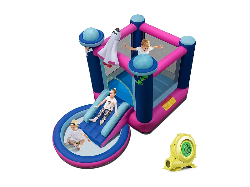 Springkasteel met kinderbadje, springslot met glijbaan, outdoor bouncer incl. draagtas en grondpalen, 393 x 207 x 270 cm