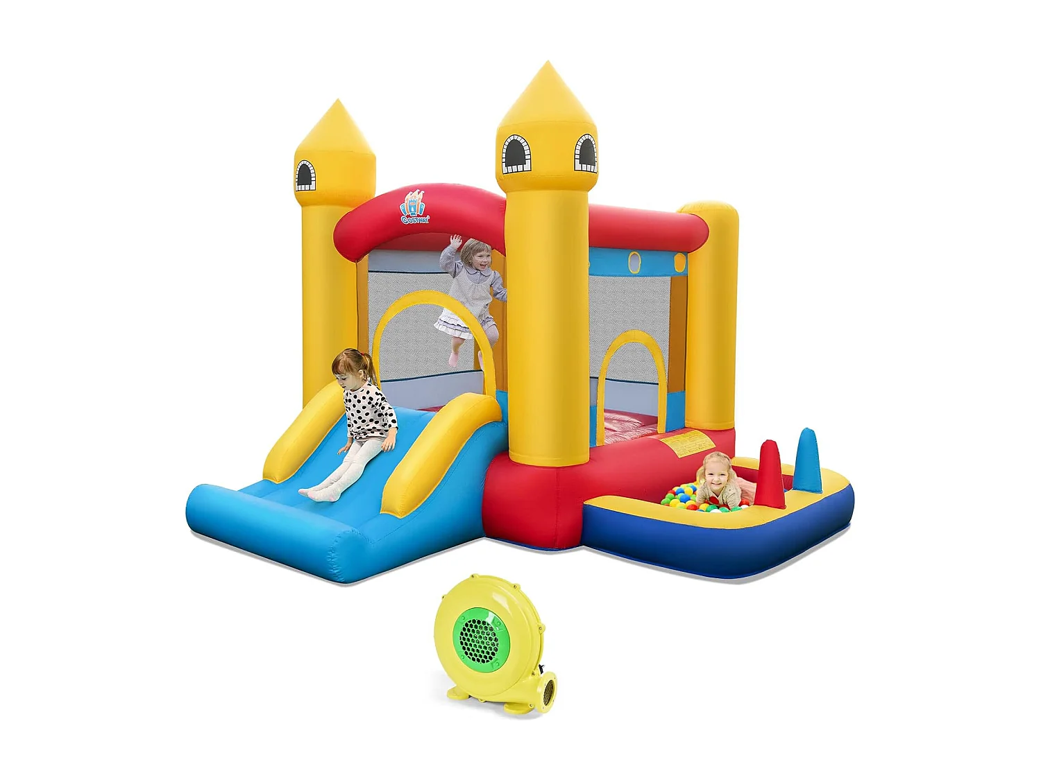 Springkasteel met blazer, glijbaan, springgebied, basketbalmand, ballenbad, ringworpen, balwerpen en oceaanballen, kinderspringslot voor binnen en buiten ZB32126