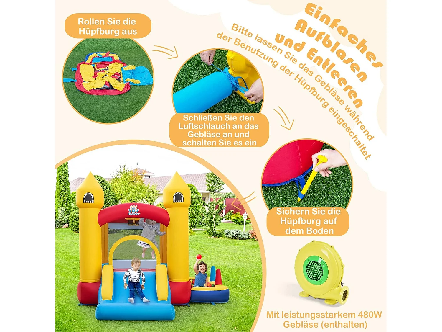 Springkasteel met blazer, glijbaan, springgebied, basketbalmand, ballenbad, ringworpen, balwerpen en oceaanballen, kinderspringslot voor binnen en buiten ZB32126