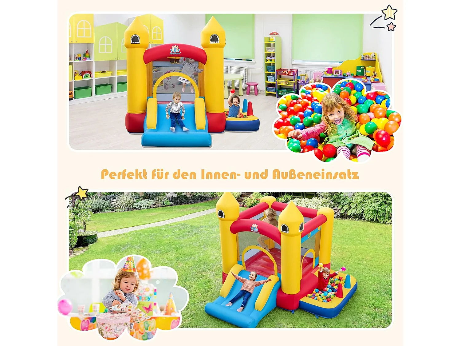 Springkasteel met blazer, glijbaan, springgebied, basketbalmand, ballenbad, ringworpen, balwerpen en oceaanballen, kinderspringslot voor binnen en buiten ZB32126