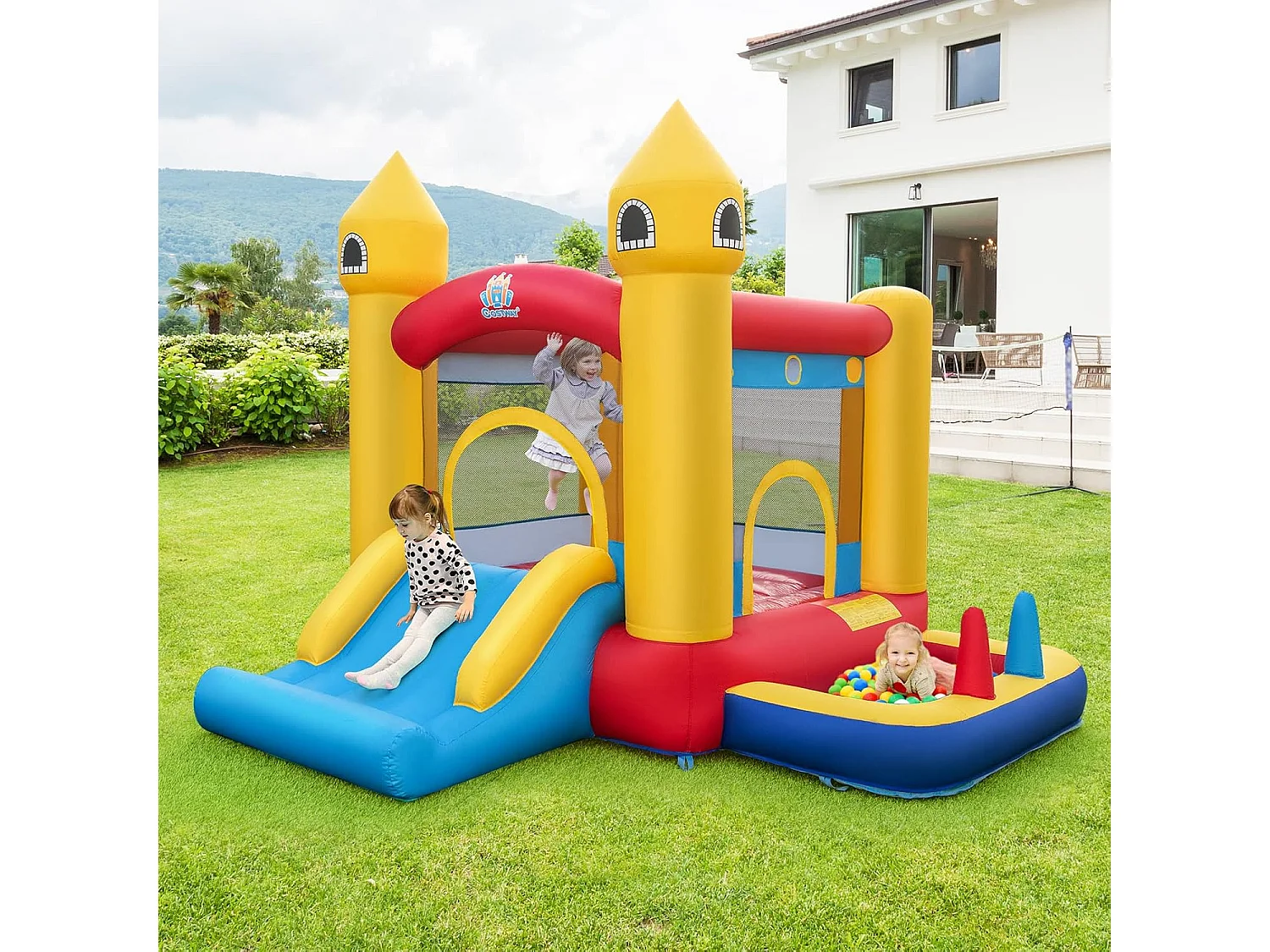 Springkasteel met blazer, glijbaan, springgebied, basketbalmand, ballenbad, ringworpen, balwerpen en oceaanballen, kinderspringslot voor binnen en buiten ZB32126