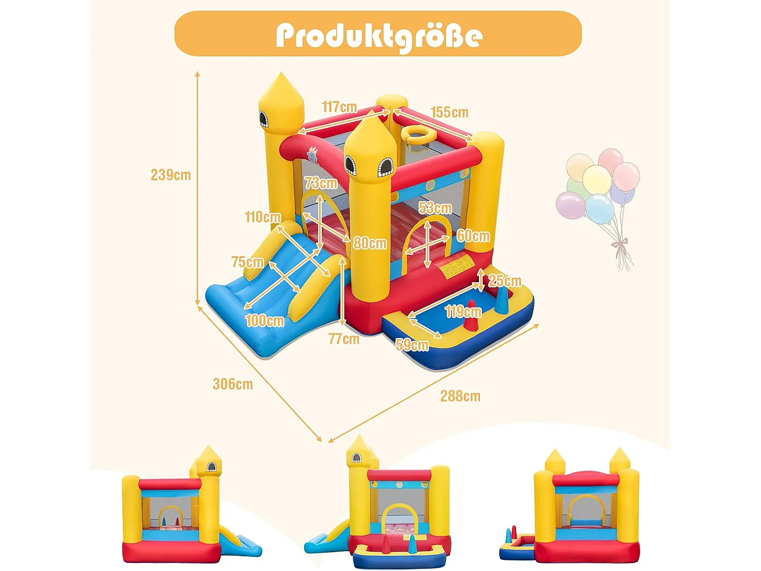 Springkasteel met blazer, glijbaan, springgebied, basketbalmand, ballenbad, ringworpen, balwerpen en oceaanballen, kinderspringslot voor binnen en buiten ZB32126