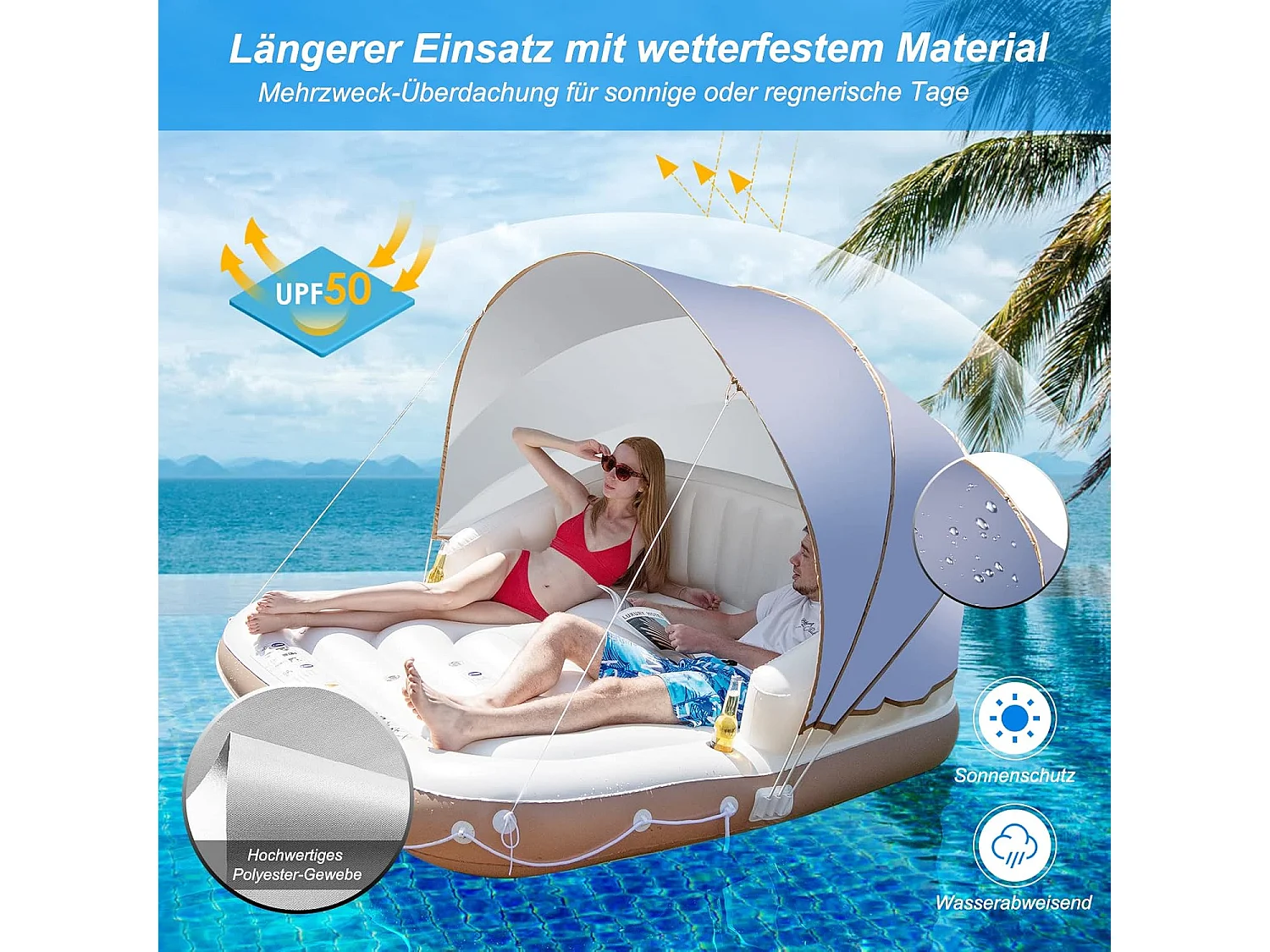 Opblaasbaar badeiland met intrekbare en afneembare overkapping, SPF 50+, zwemeiland met 2 bekerhouders, zwemligbed voor 2 volwassenen, belastbaar tot 200 kg