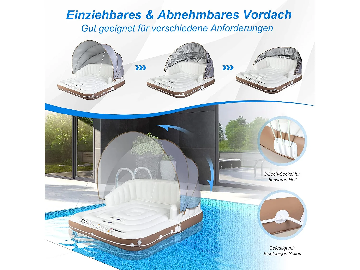 Opblaasbaar badeiland met intrekbare en afneembare overkapping, SPF 50+, zwemeiland met 2 bekerhouders, zwemligbed voor 2 volwassenen, belastbaar tot 200 kg