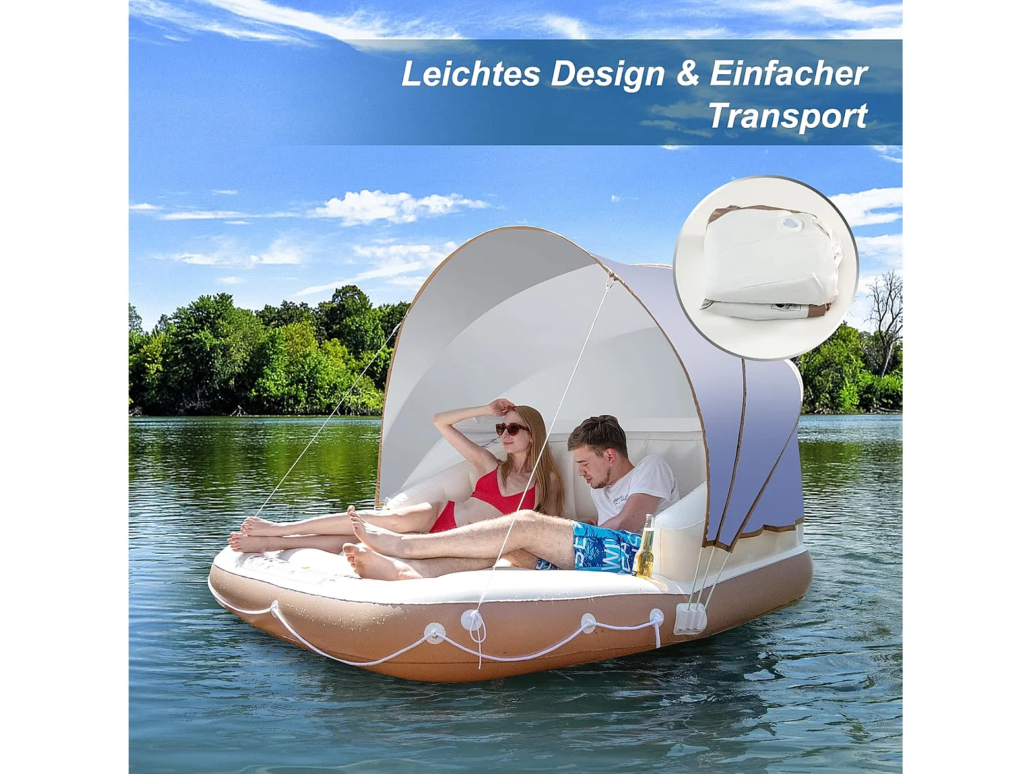 Opblaasbaar badeiland met intrekbare en afneembare overkapping, SPF 50+, zwemeiland met 2 bekerhouders, zwemligbed voor 2 volwassenen, belastbaar tot 200 kg