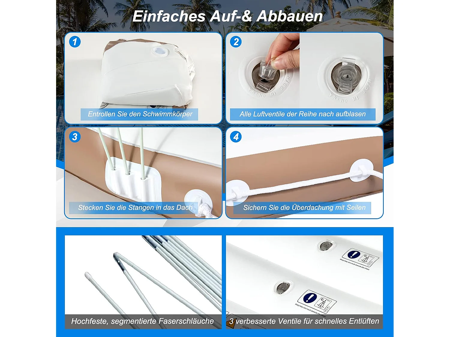 Opblaasbaar badeiland met intrekbare en afneembare overkapping, SPF 50+, zwemeiland met 2 bekerhouders, zwemligbed voor 2 volwassenen, belastbaar tot 200 kg