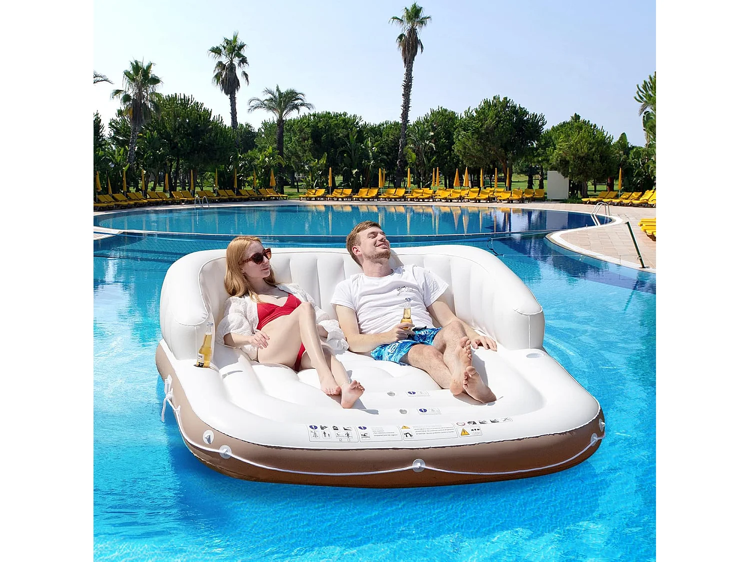 Opblaasbaar badeiland met intrekbare en afneembare overkapping, SPF 50+, zwemeiland met 2 bekerhouders, zwemligbed voor 2 volwassenen, belastbaar tot 200 kg