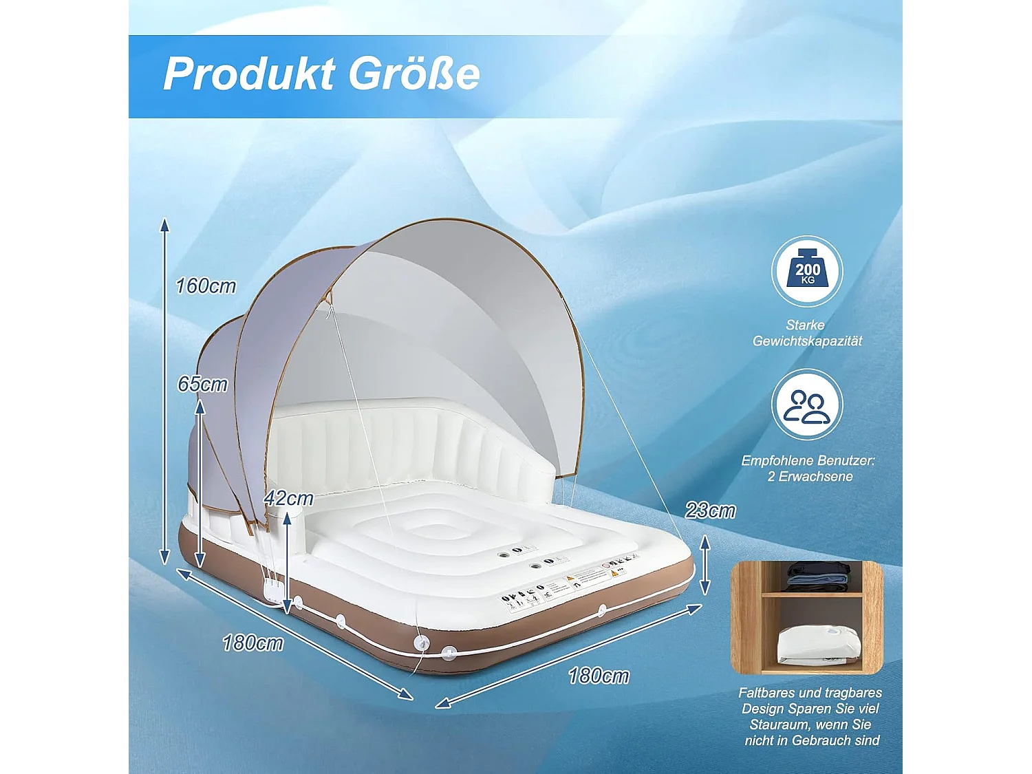 Opblaasbaar badeiland met intrekbare en afneembare overkapping, SPF 50+, zwemeiland met 2 bekerhouders, zwemligbed voor 2 volwassenen, belastbaar tot 200 kg