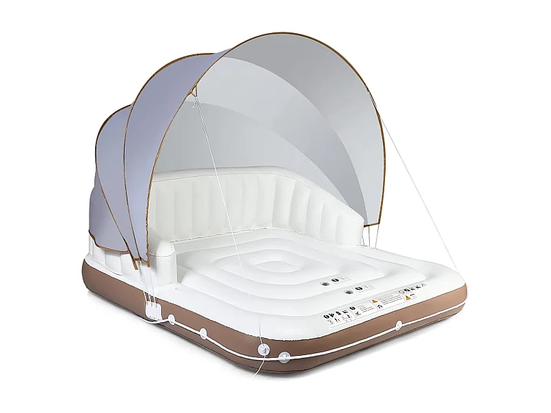 Opblaasbaar badeiland met intrekbare en afneembare overkapping, SPF 50+, zwemeiland met 2 bekerhouders, zwemligbed voor 2 volwassenen, belastbaar tot 200 kg