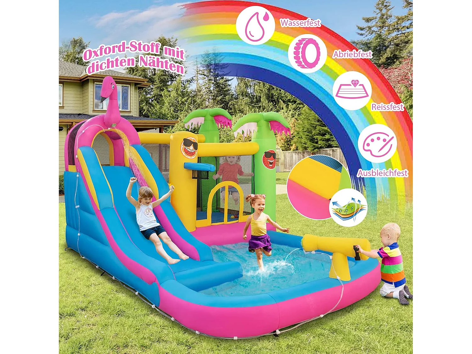 Springkasteel met ventilator, waterpark in flamingo-thema met lange waterglijbaan, kinderbadje, waterkanon & basketbalmand, voor tuin, 450 x 300 x 260 cmZB32961